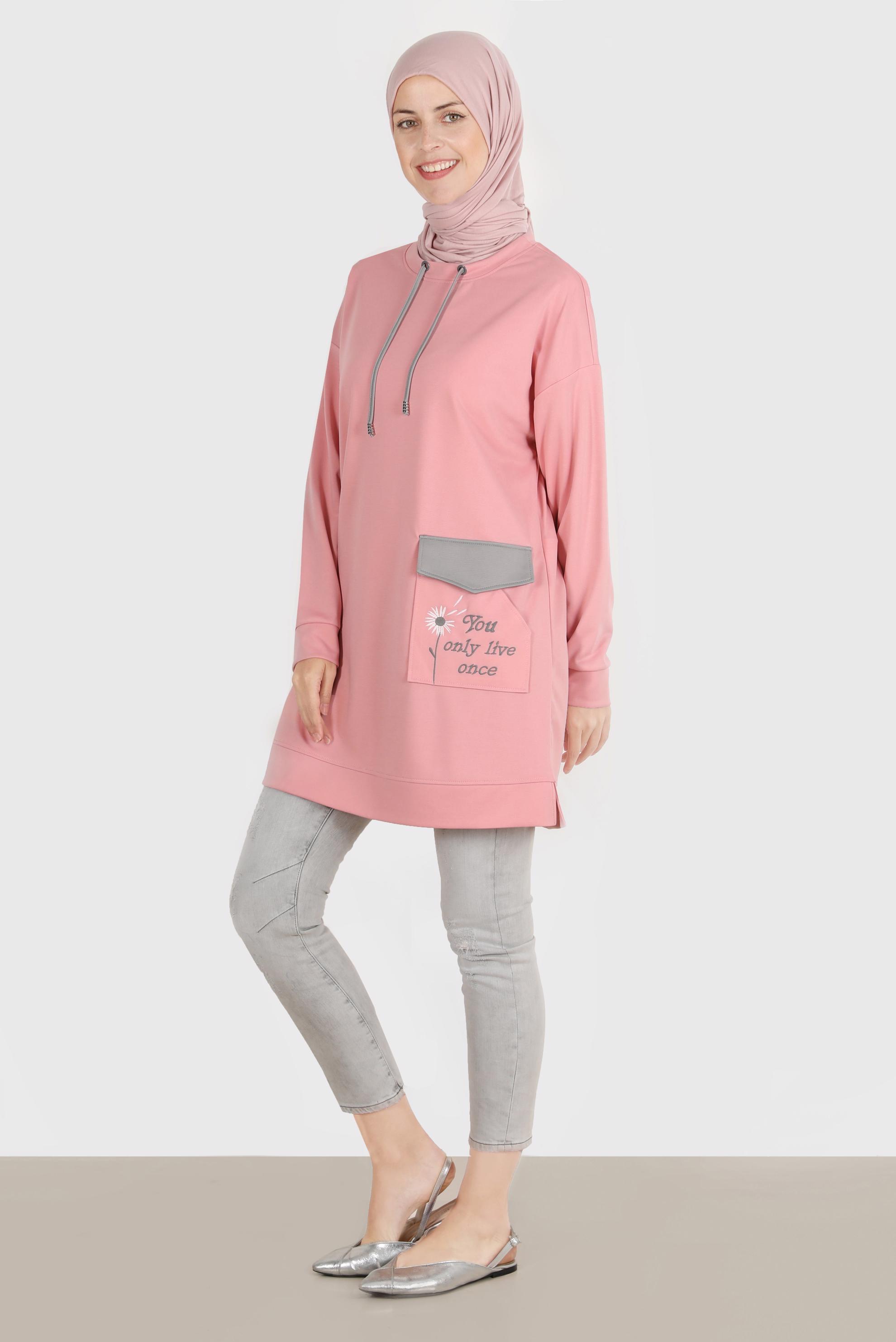 Tesettür giyim PUDRA NAKIŞLI CEPLİ EŞOFMAN TUNİK 42858	