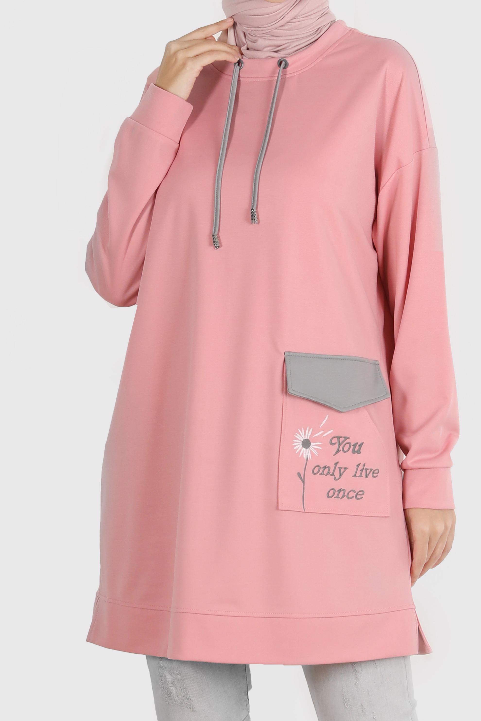 Tesettür giyim PUDRA NAKIŞLI CEPLİ EŞOFMAN TUNİK 42858	