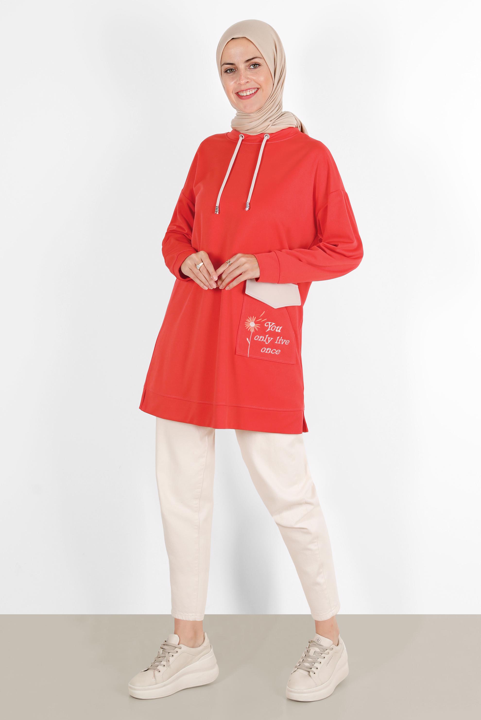 Tesettür giyim KIRMIZI NAKIŞLI CEPLİ EŞOFMAN TUNİK 42858	