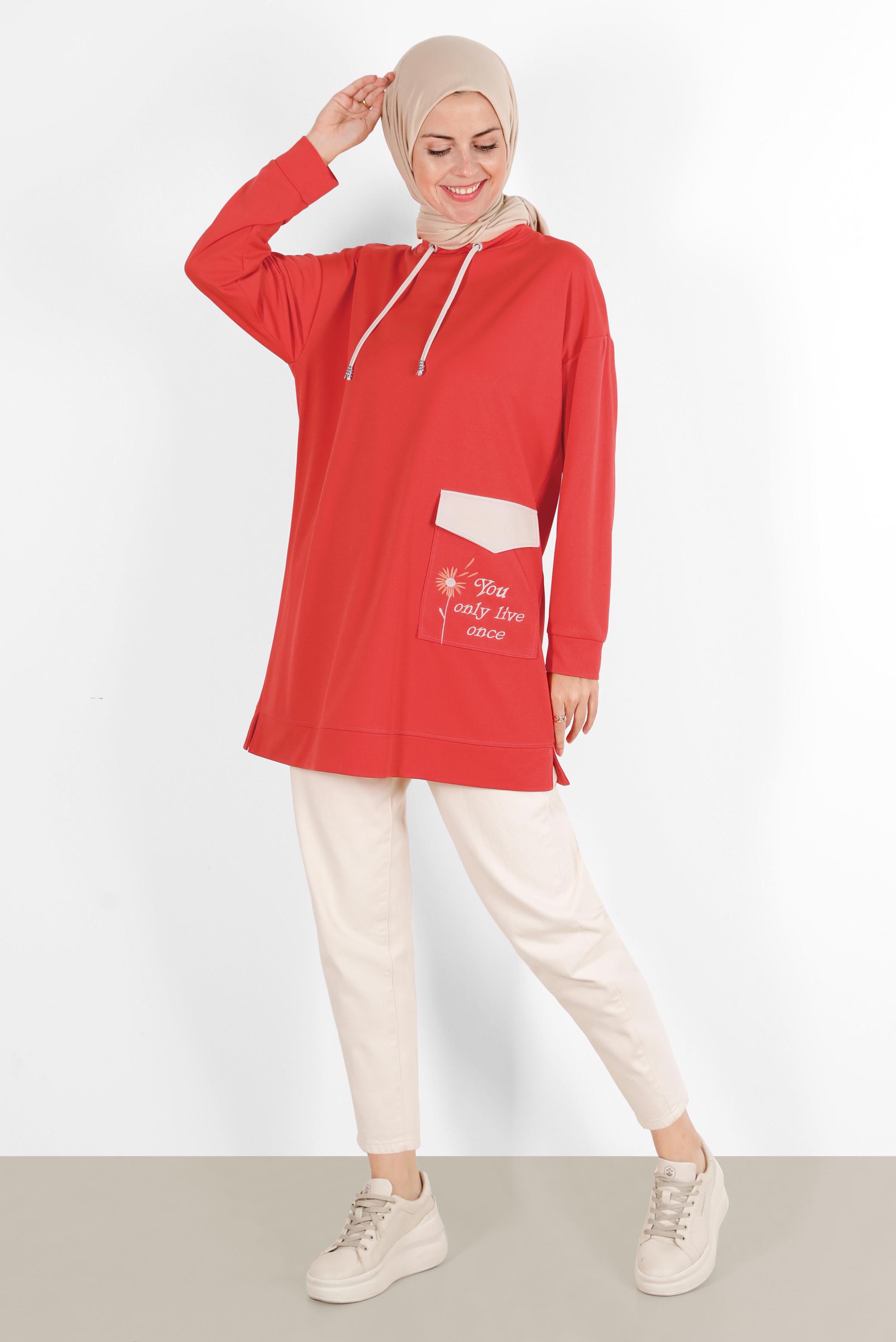 Tesettür giyim KIRMIZI NAKIŞLI CEPLİ EŞOFMAN TUNİK 42858	