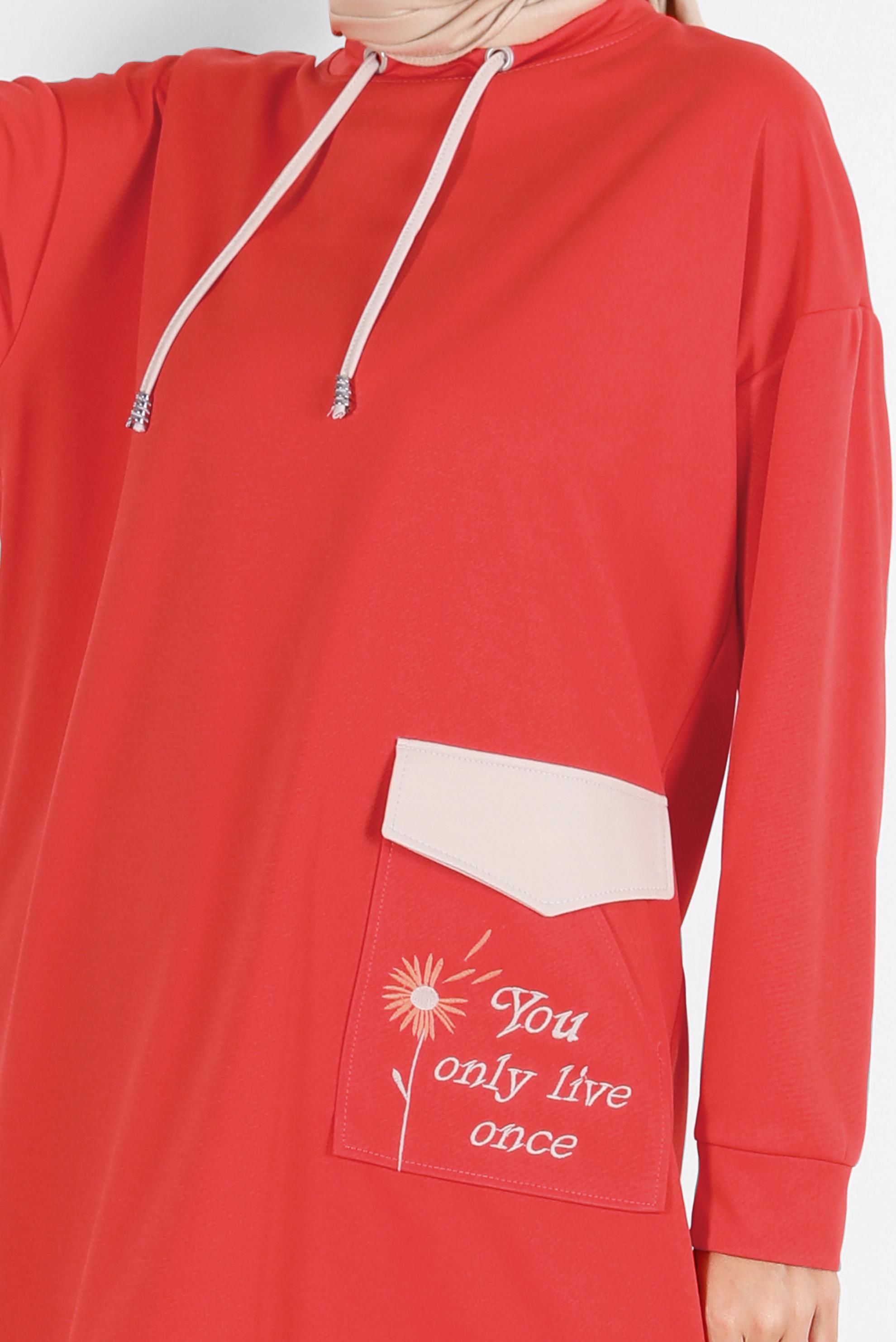 Tesettür giyim KIRMIZI NAKIŞLI CEPLİ EŞOFMAN TUNİK 42858	