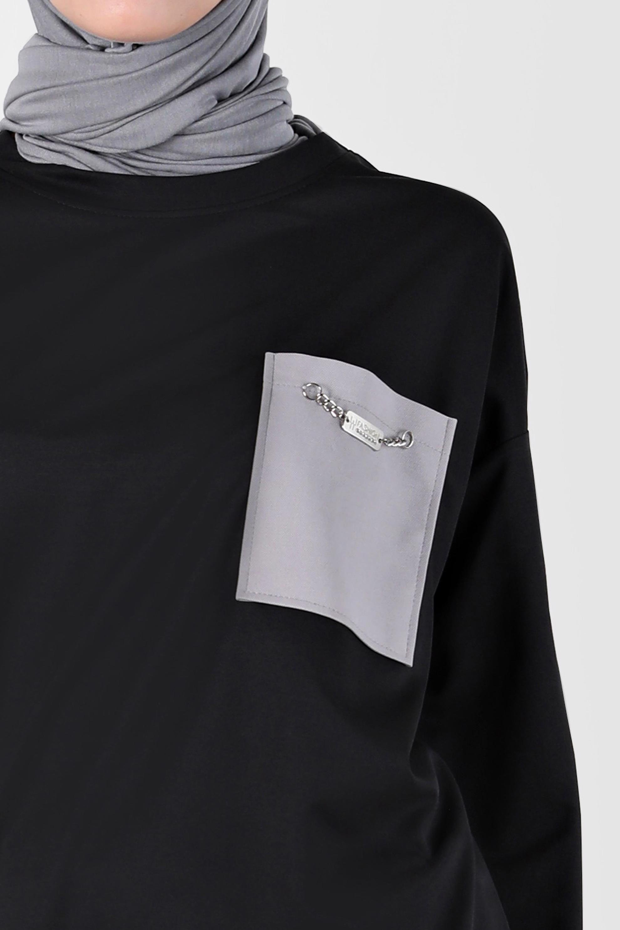 Tesettür giyim SİYAH KOLLARI ŞERİTLİ CEP DETAYLI EŞOFMAN TUNİK 42859 