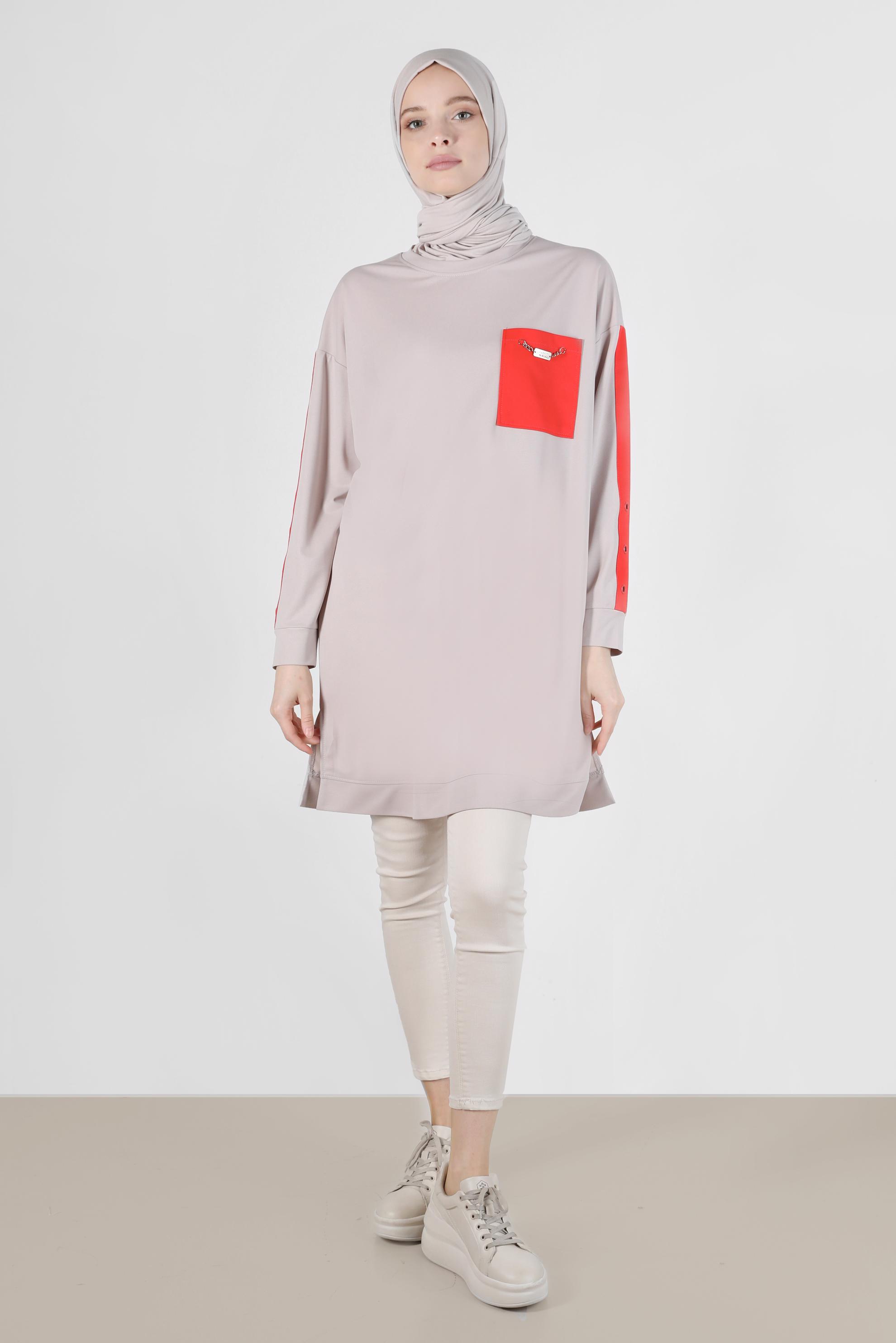 Tesettür giyim BEJ KOLLARI ŞERİTLİ CEP DETAYLI EŞOFMAN TUNİK 42859 