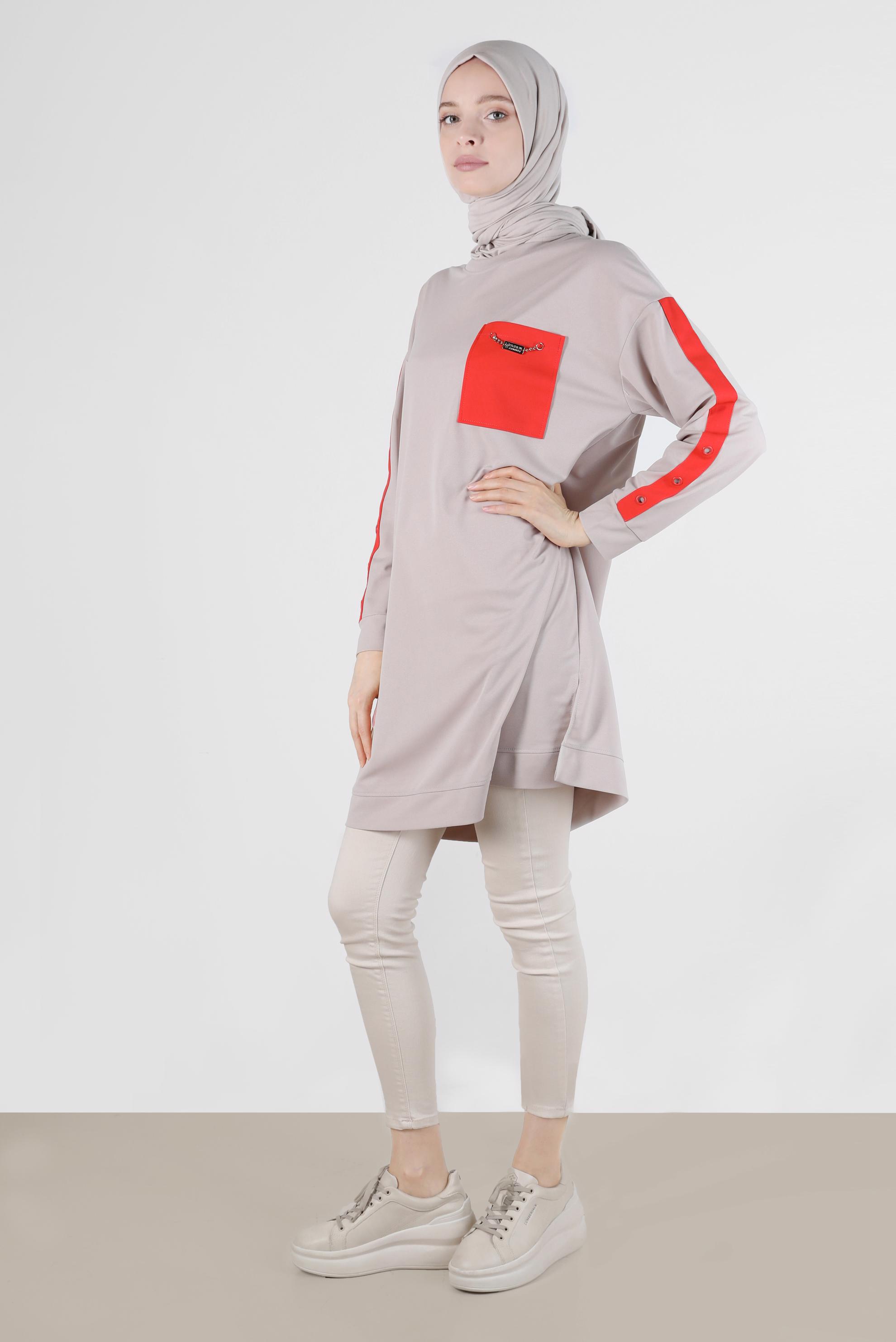 Tesettür giyim BEJ KOLLARI ŞERİTLİ CEP DETAYLI EŞOFMAN TUNİK 42859 