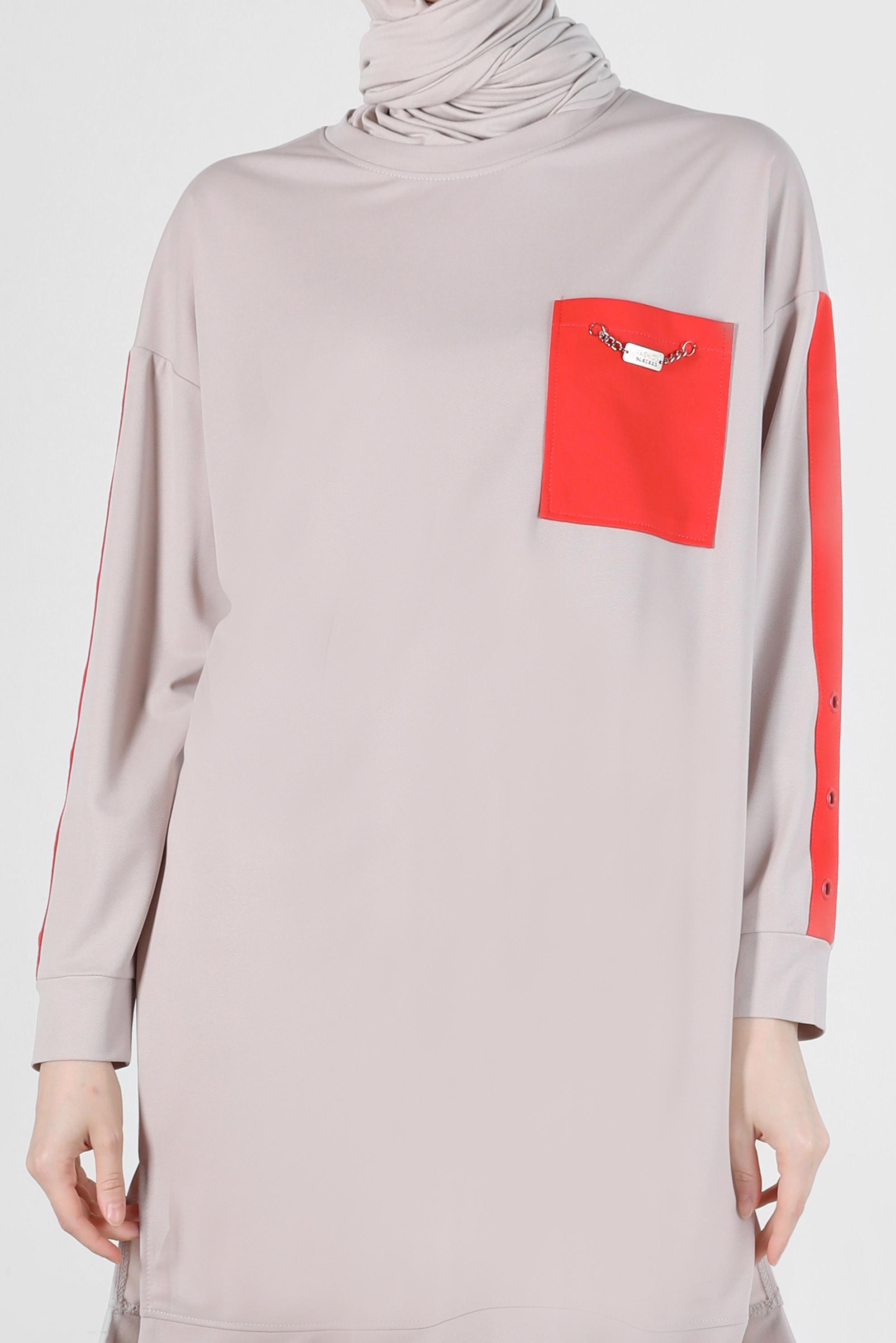 Tesettür giyim BEJ KOLLARI ŞERİTLİ CEP DETAYLI EŞOFMAN TUNİK 42859 