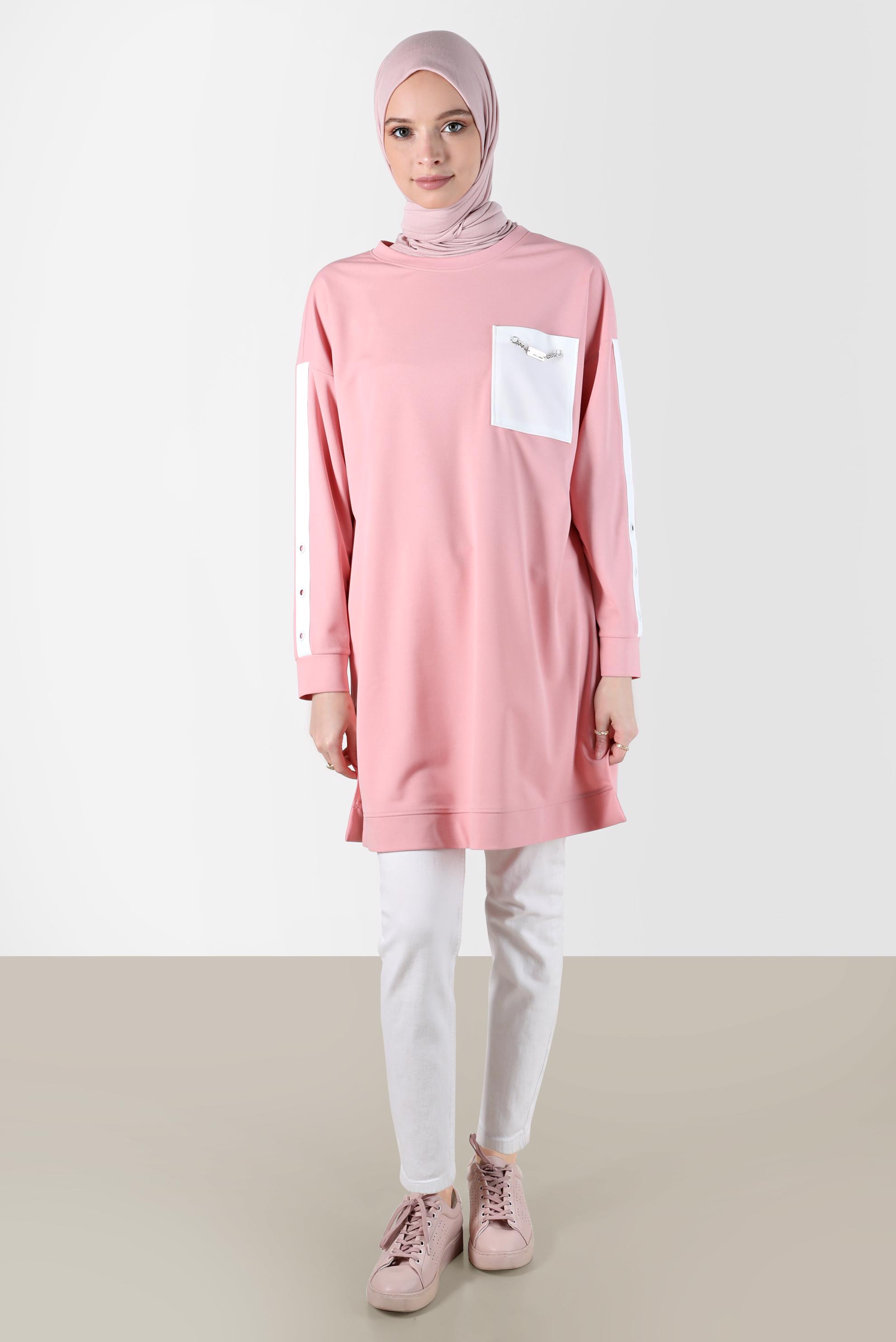 Tesettür giyim PUDRA KOLLARI ŞERİTLİ CEP DETAYLI EŞOFMAN TUNİK 42859 