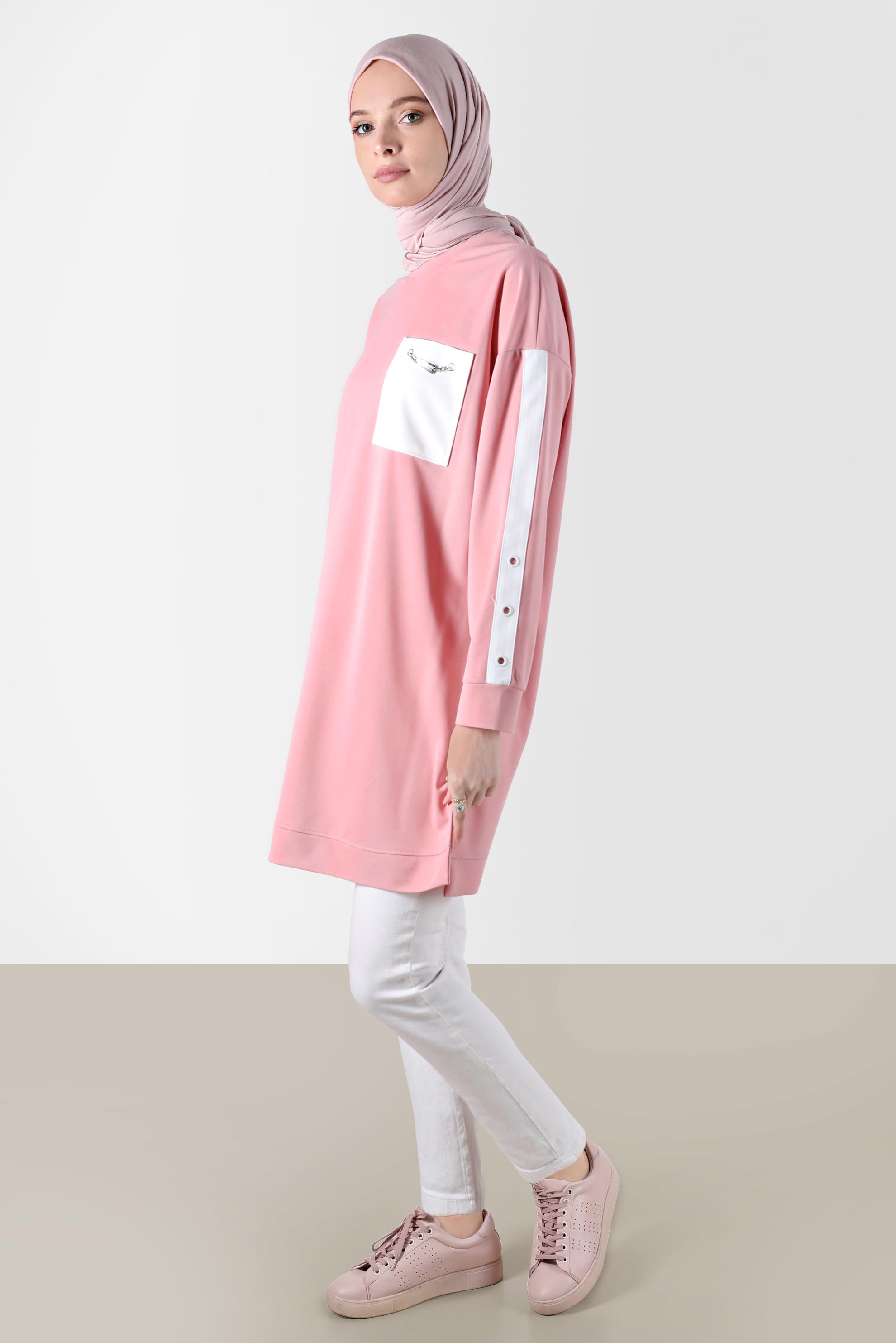 Tesettür giyim PUDRA KOLLARI ŞERİTLİ CEP DETAYLI EŞOFMAN TUNİK 42859 