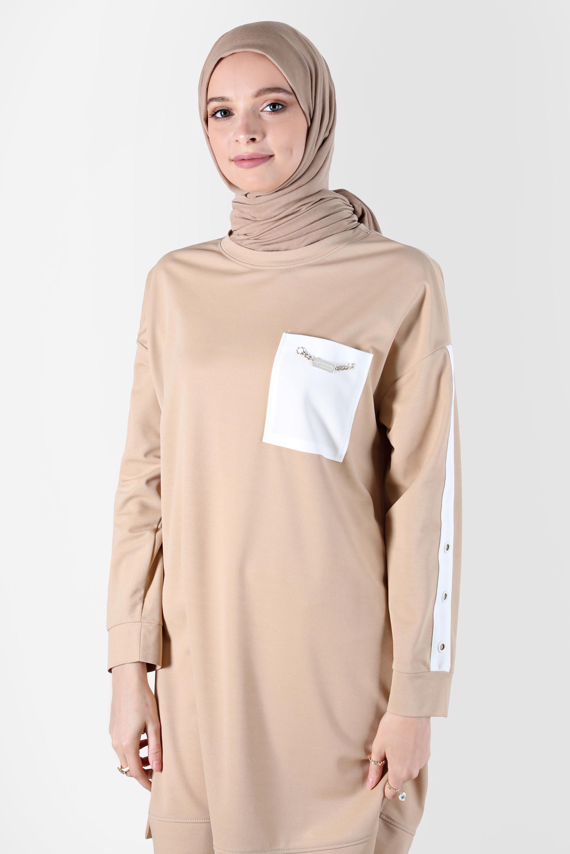 Vêtements hijab BEIGE TUNIQUE DE SURVÊTEMENT DÉTAIL POCHE AVEC MANCHES RAYÉES 42859