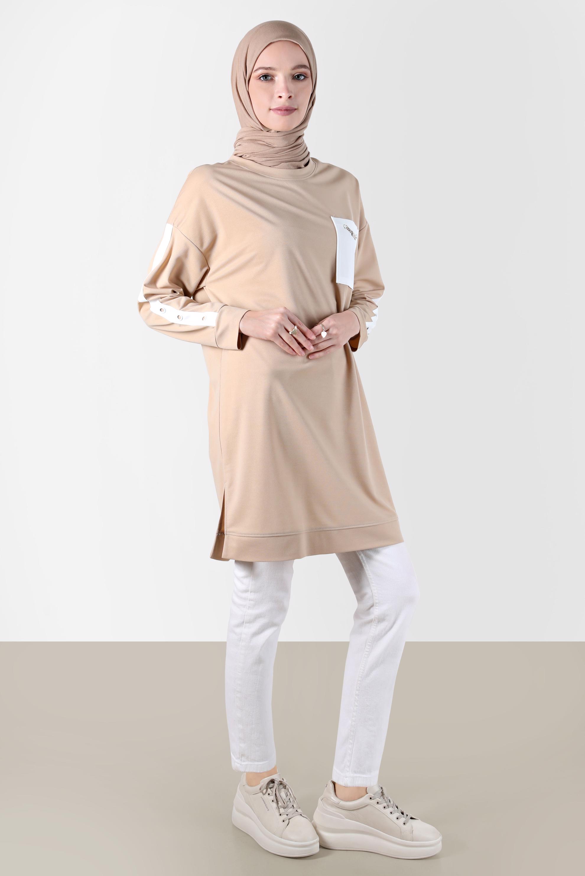 Vêtements hijab BEIGE TUNIQUE DE SURVÊTEMENT DÉTAIL POCHE AVEC MANCHES RAYÉES 42859