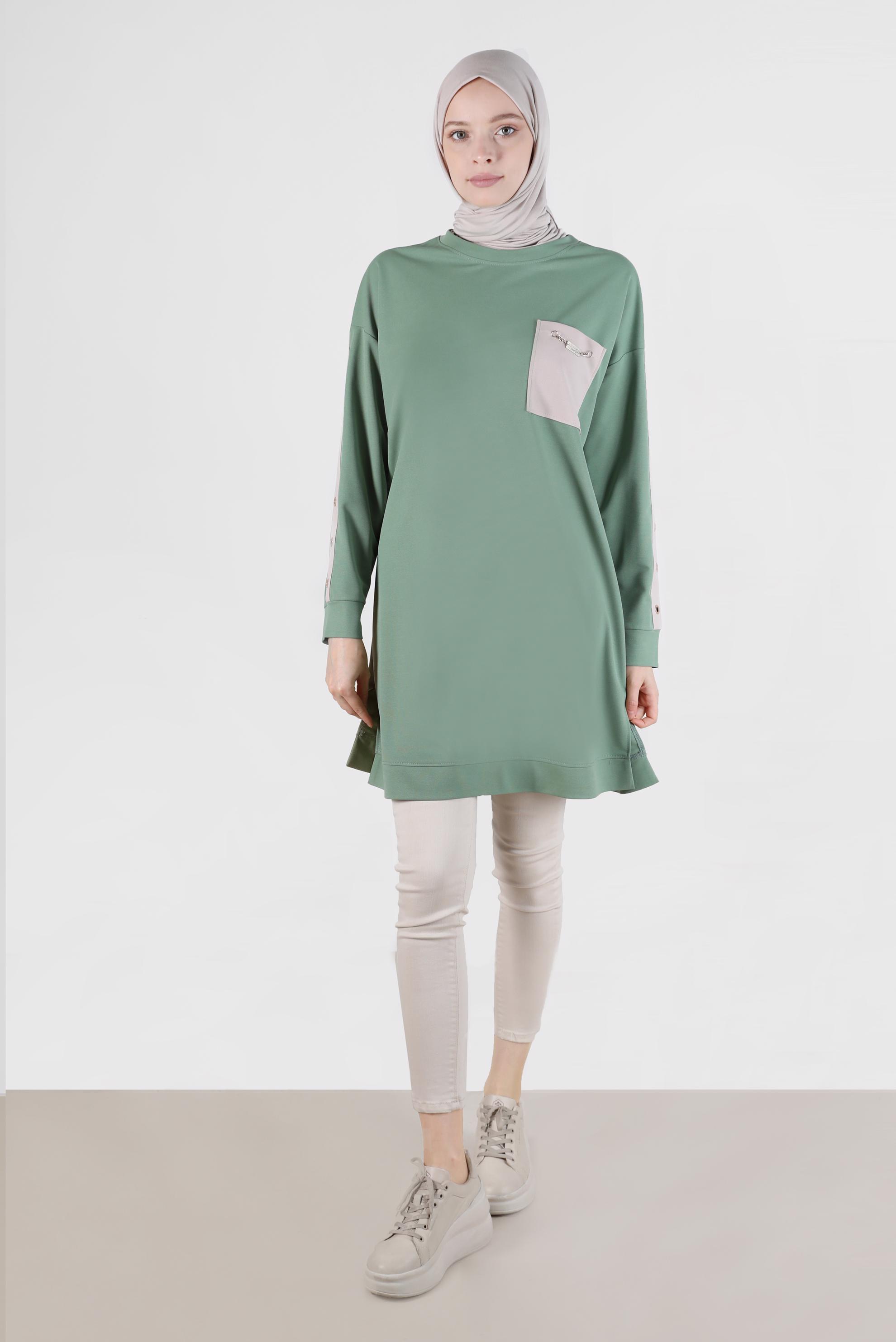 Tesettür giyim YEŞİL KOLLARI ŞERİTLİ CEP DETAYLI EŞOFMAN TUNİK 42859 