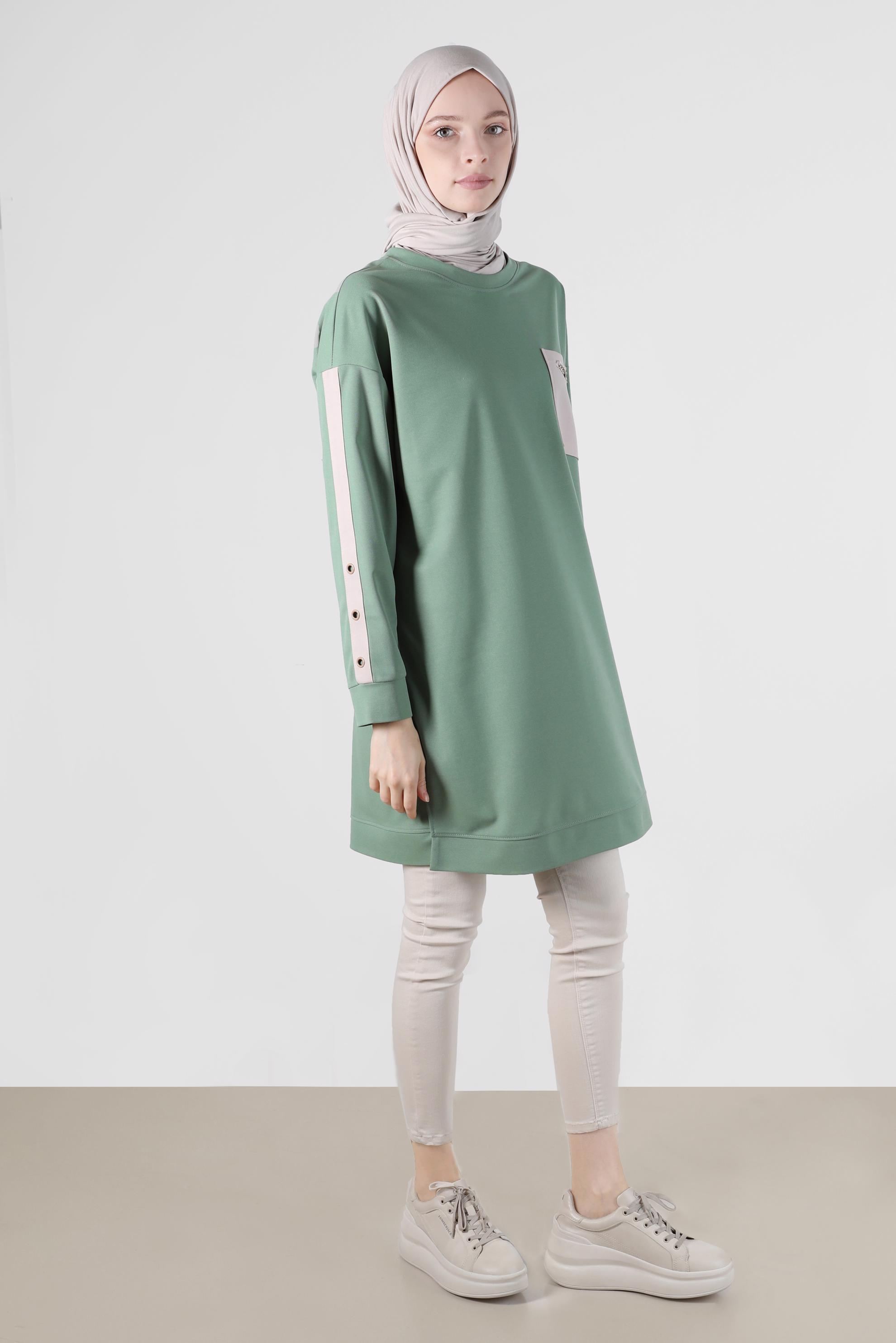 Tesettür giyim YEŞİL KOLLARI ŞERİTLİ CEP DETAYLI EŞOFMAN TUNİK 42859 