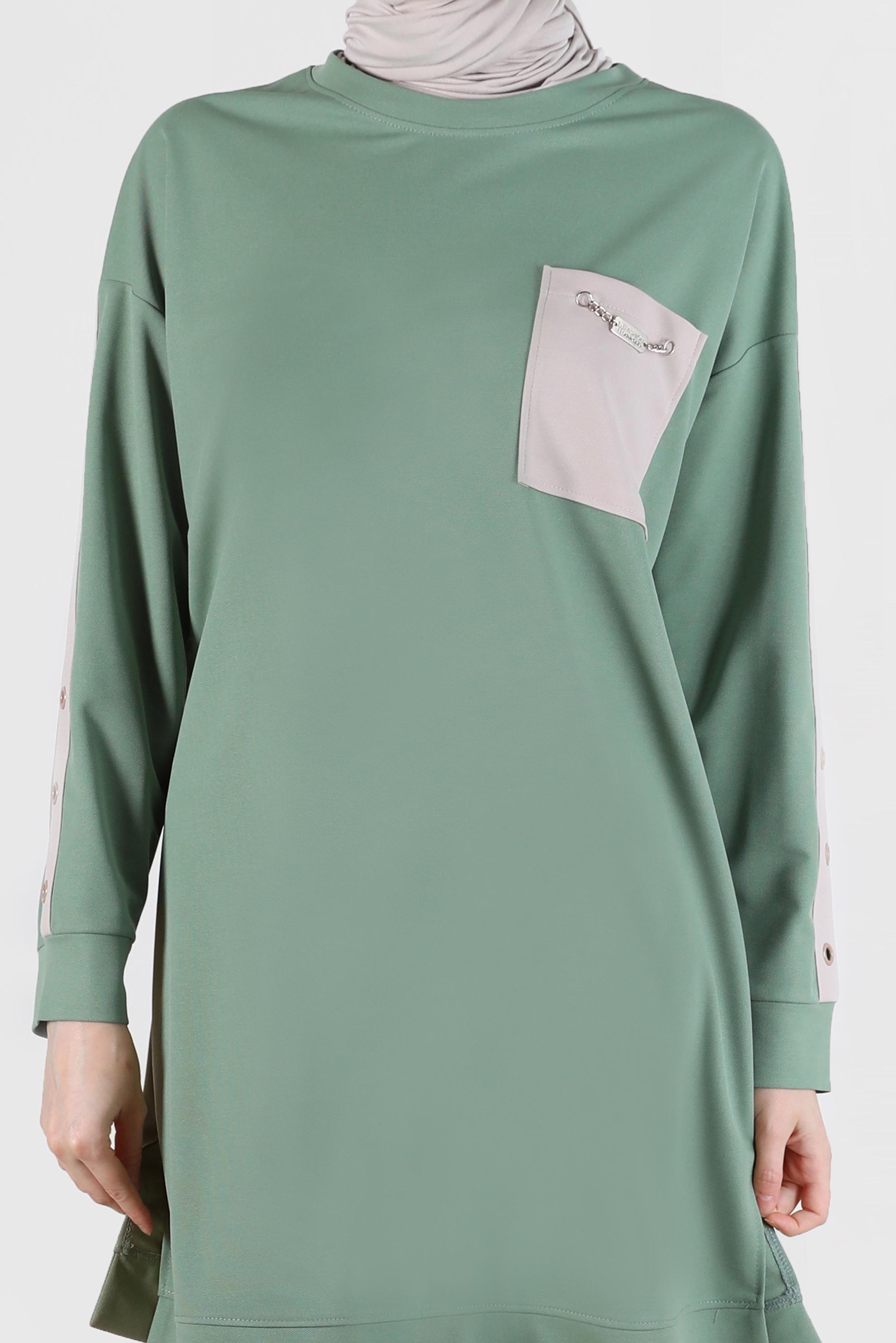 Tesettür giyim YEŞİL KOLLARI ŞERİTLİ CEP DETAYLI EŞOFMAN TUNİK 42859 