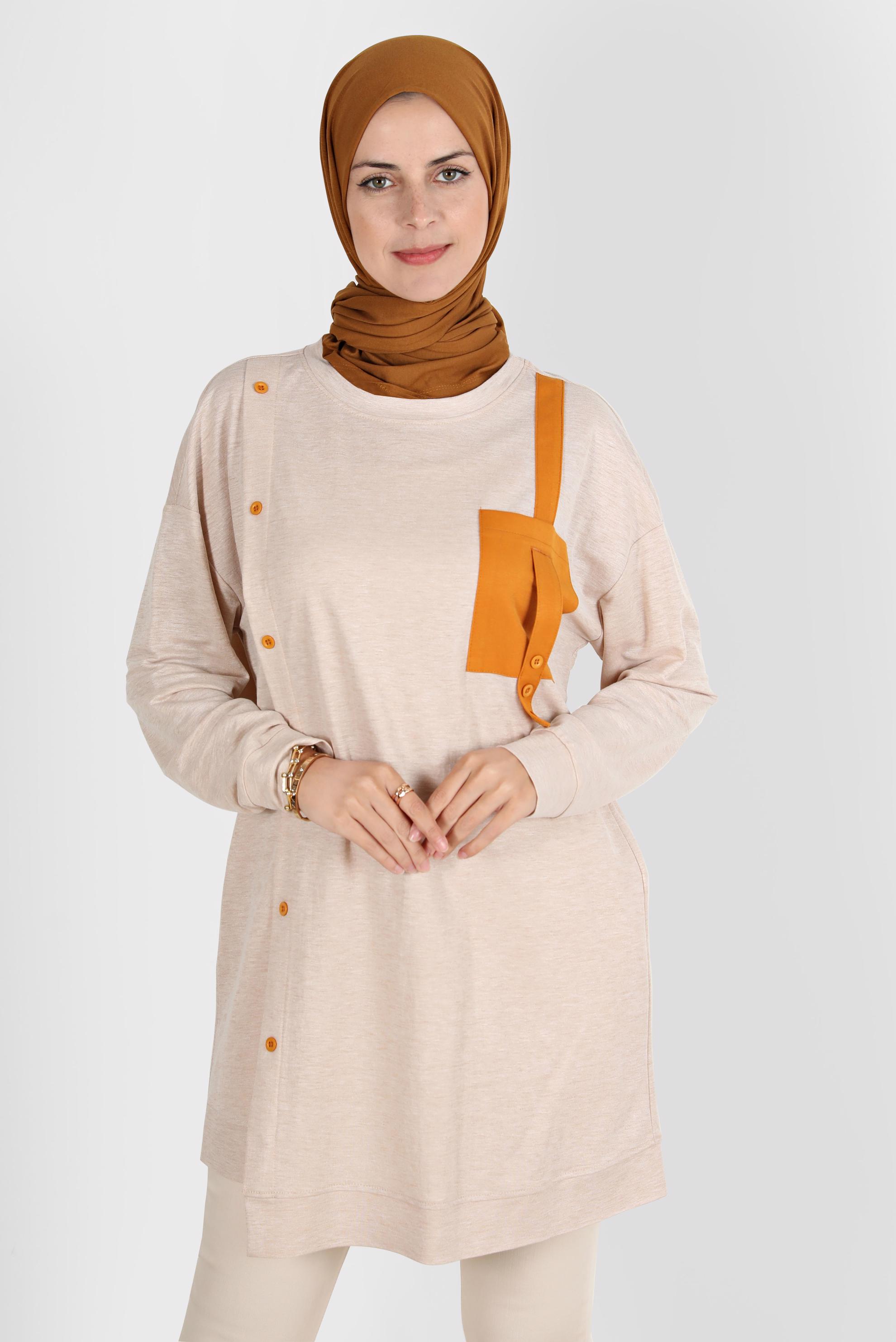 Tesettür giyim BEJ DÜĞME DETAYLI EŞOFMAN TUNİK 42896 