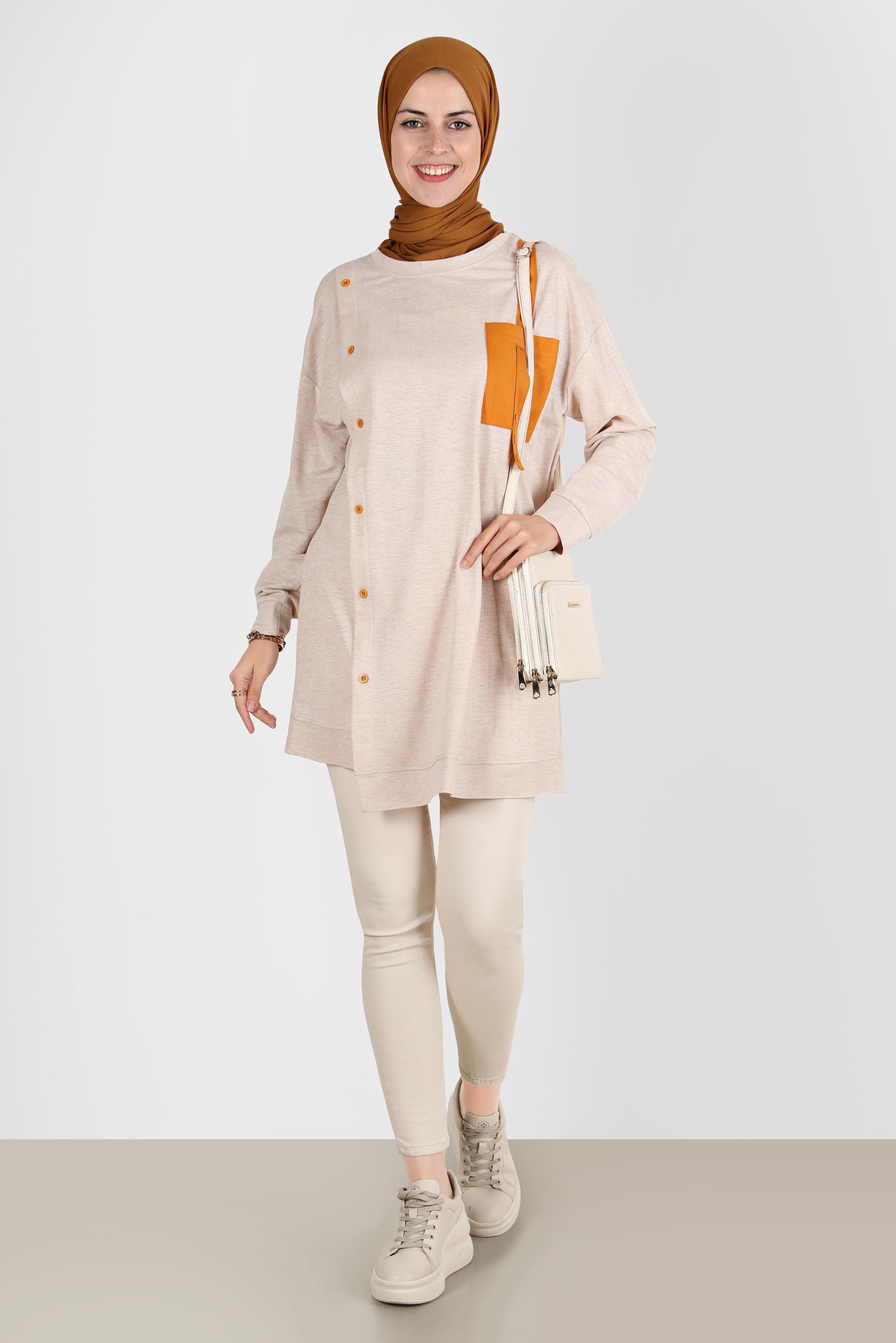 Tesettür giyim BEJ DÜĞME DETAYLI EŞOFMAN TUNİK 42896 