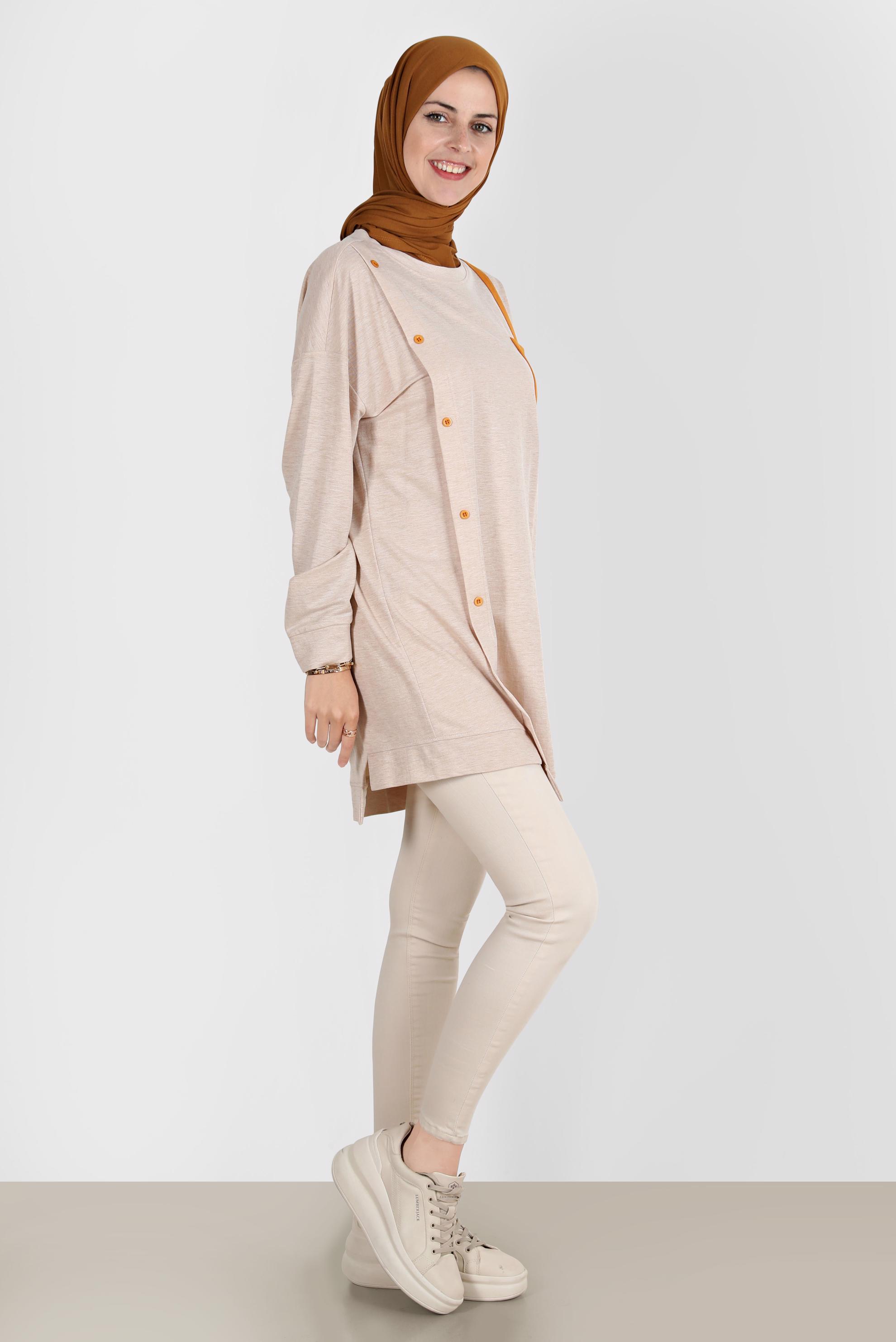 Tesettür giyim BEJ DÜĞME DETAYLI EŞOFMAN TUNİK 42896 