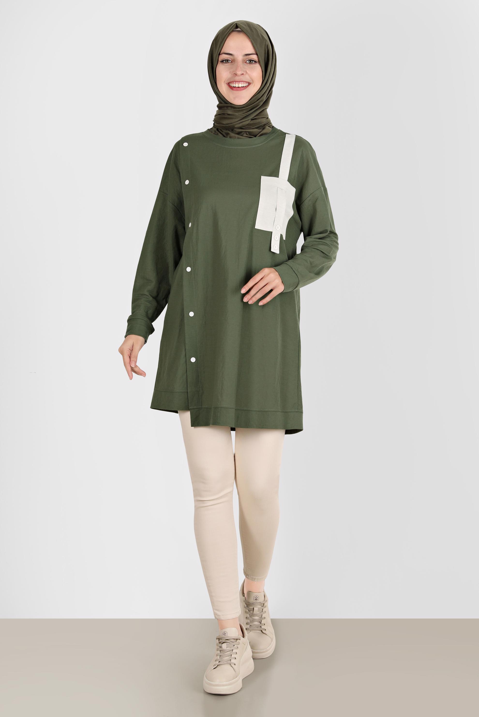 Tesettür giyim HAKİ DÜĞME DETAYLI EŞOFMAN TUNİK 42896 