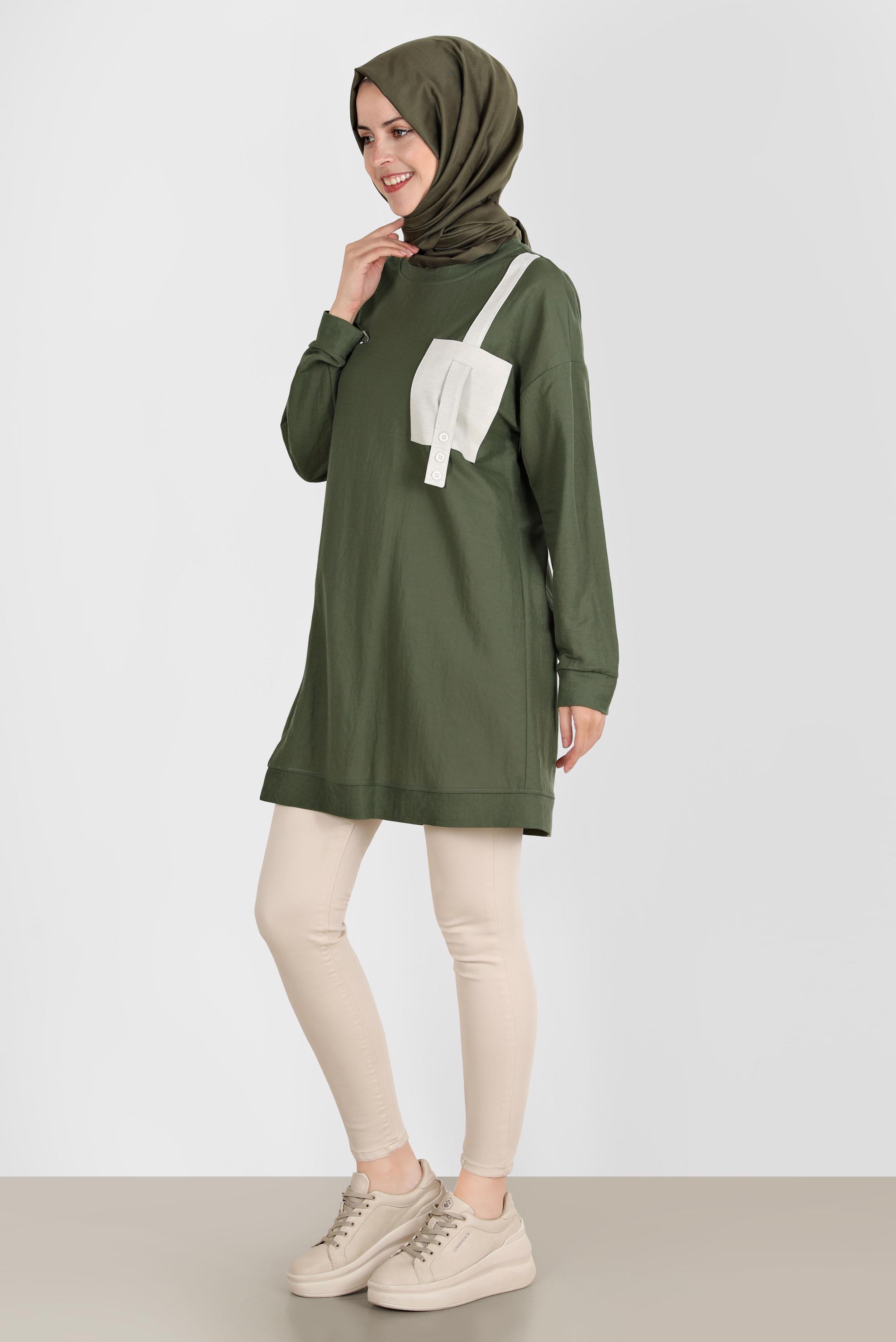 Tesettür giyim HAKİ DÜĞME DETAYLI EŞOFMAN TUNİK 42896 