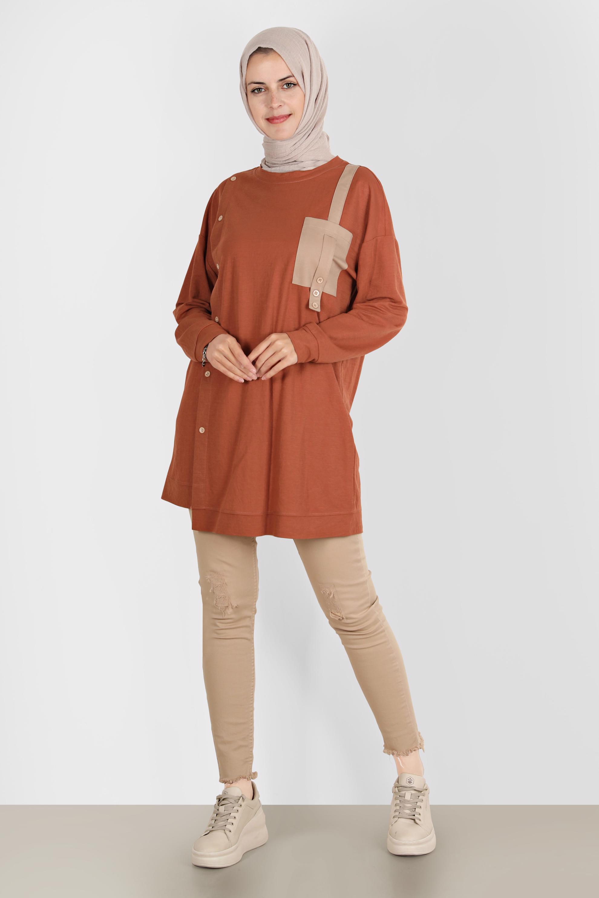 Tesettür giyim TURUNCU DÜĞME DETAYLI EŞOFMAN TUNİK 42896 