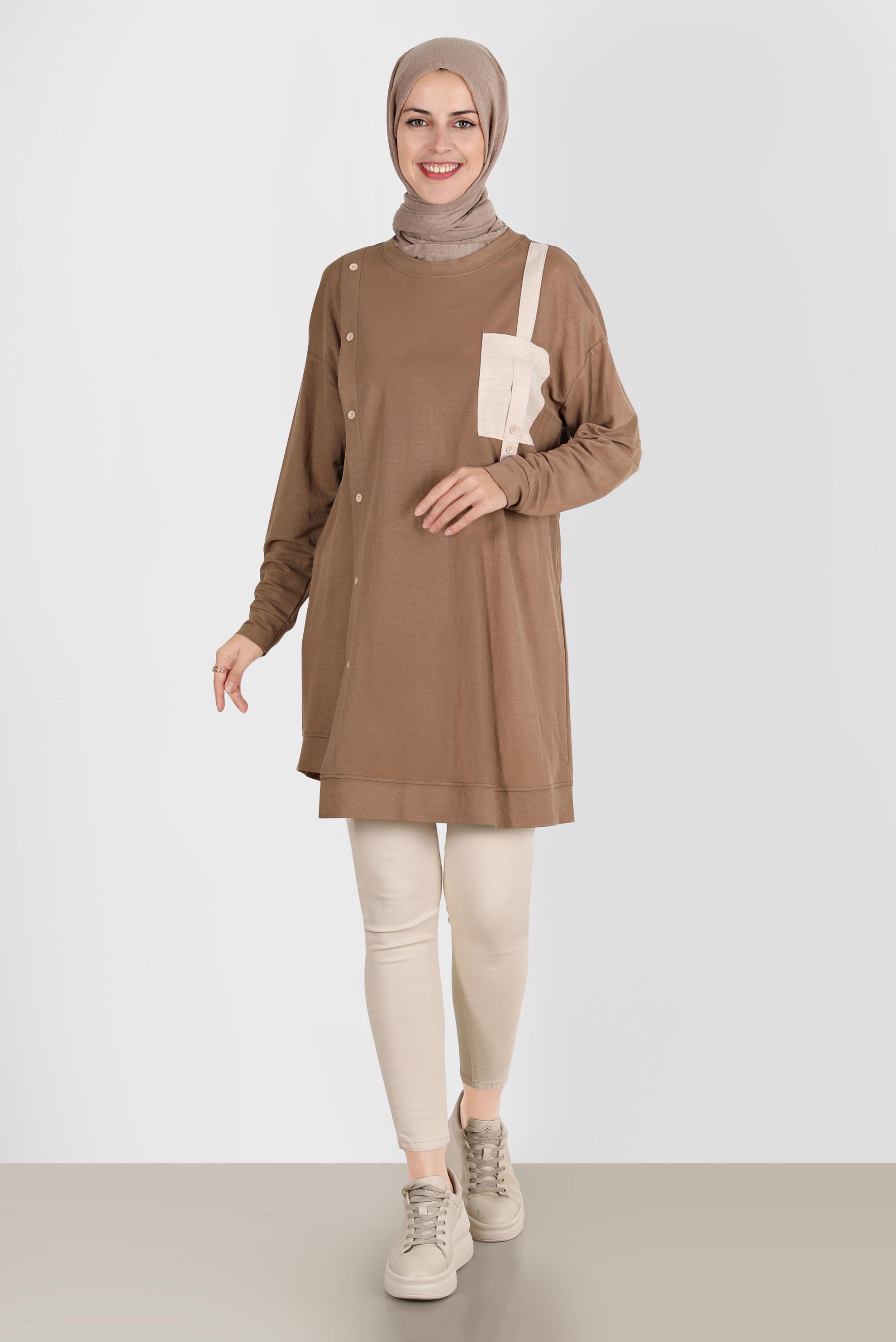 Tesettür giyim KAHVE DÜĞME DETAYLI EŞOFMAN TUNİK 42896 