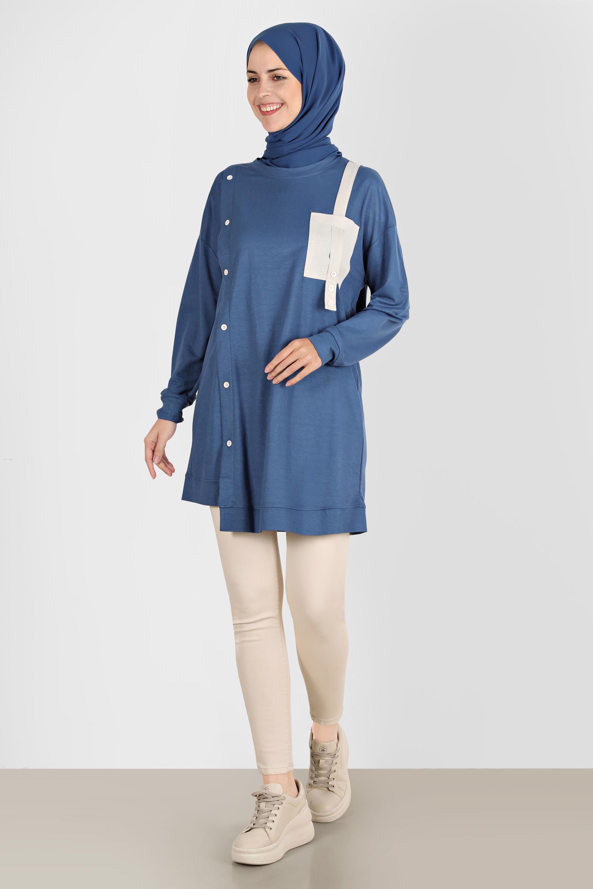 Tesettür giyim MAVİ DÜĞME DETAYLI EŞOFMAN TUNİK 42896 
