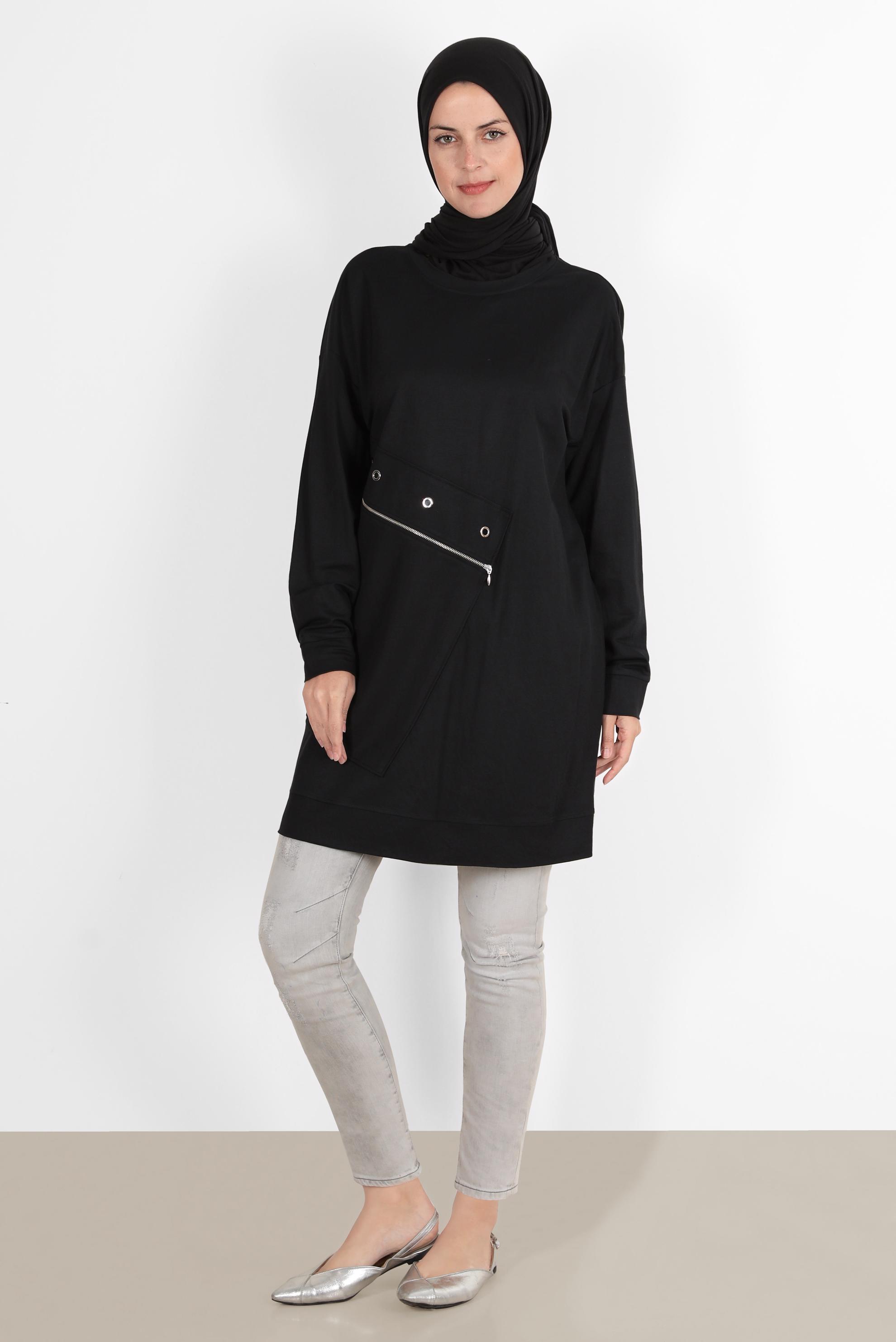 Tesettür giyim SİYAH KUŞGÖZÜ DETAYLI FERMUARLI EŞOFMAN TUNİK 42898 