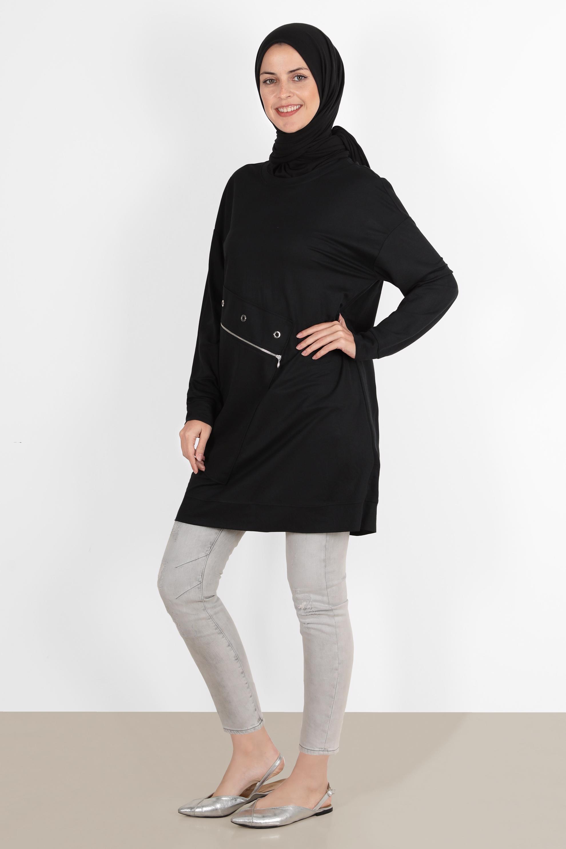 Tesettür giyim SİYAH KUŞGÖZÜ DETAYLI FERMUARLI EŞOFMAN TUNİK 42898 