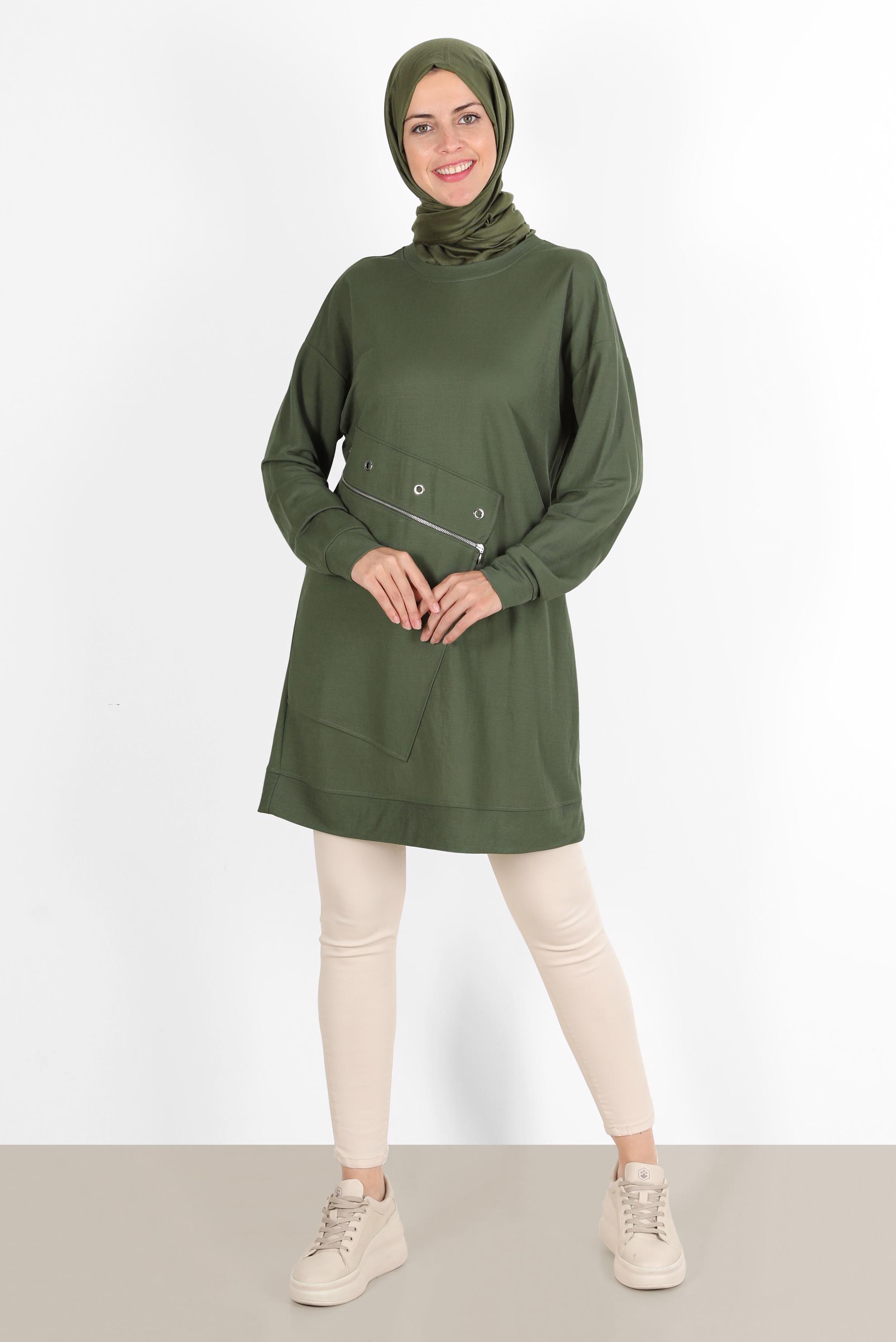 Tesettür giyim HAKİ KUŞGÖZÜ DETAYLI FERMUARLI EŞOFMAN TUNİK 42898 