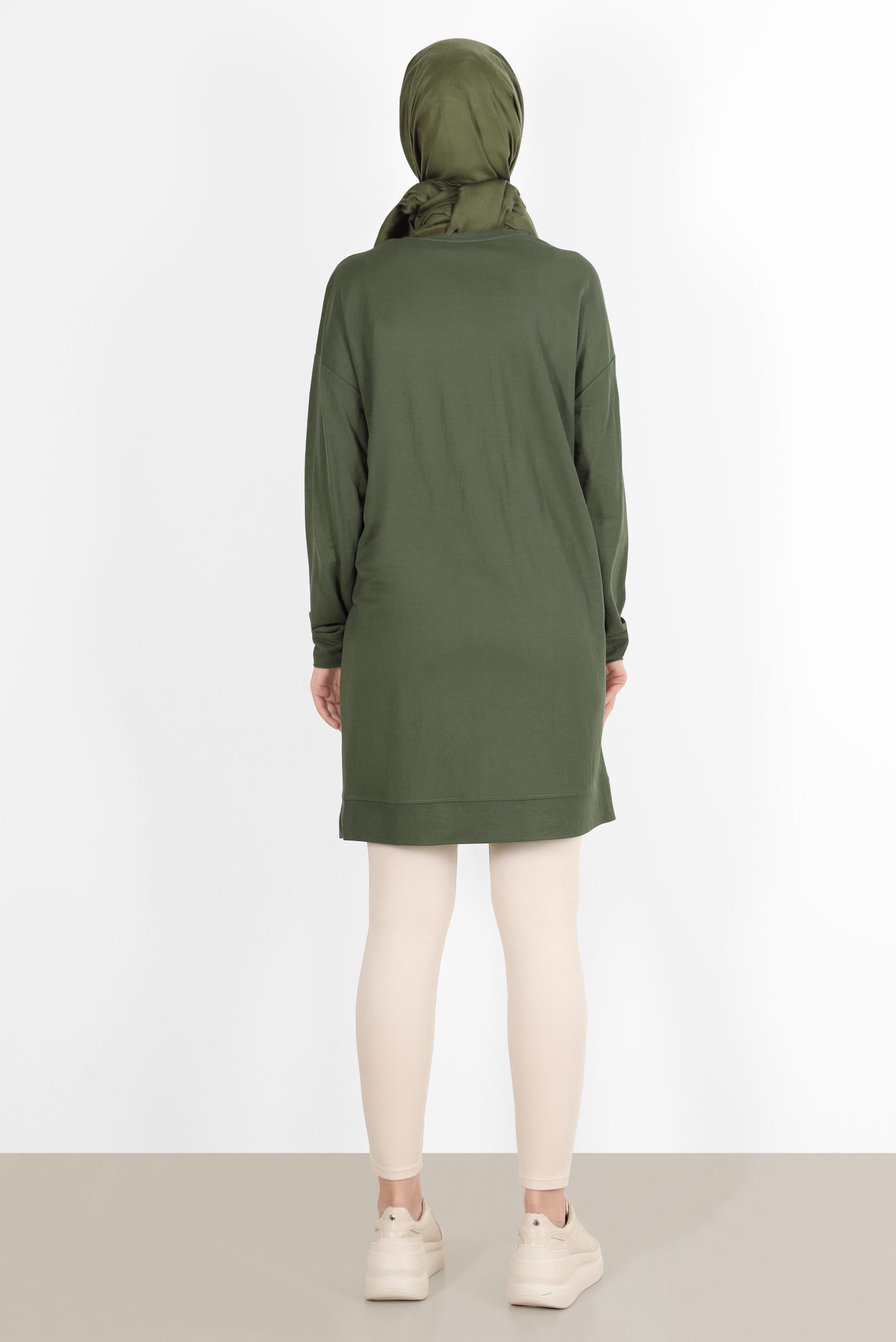 Tesettür giyim HAKİ KUŞGÖZÜ DETAYLI FERMUARLI EŞOFMAN TUNİK 42898 