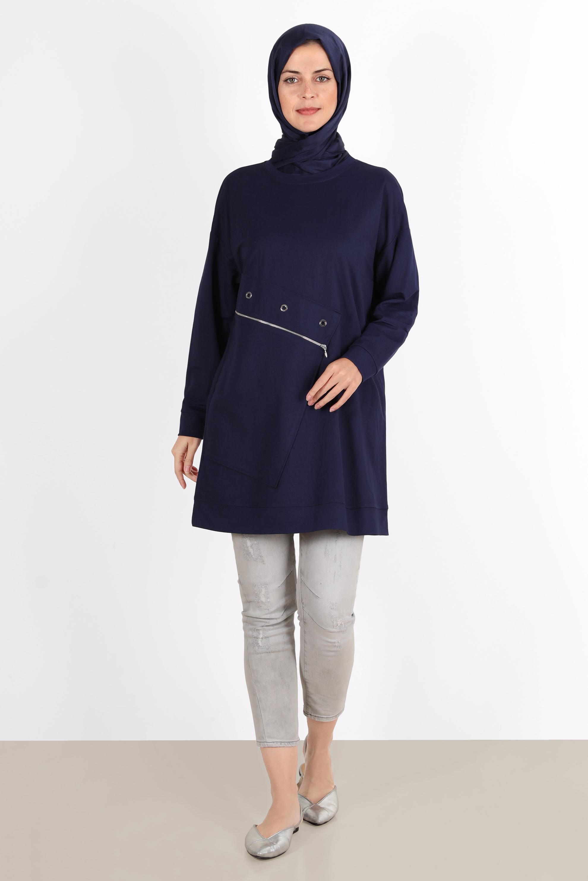 Tesettür giyim LACİVERT KUŞGÖZÜ DETAYLI FERMUARLI EŞOFMAN TUNİK 42898 
