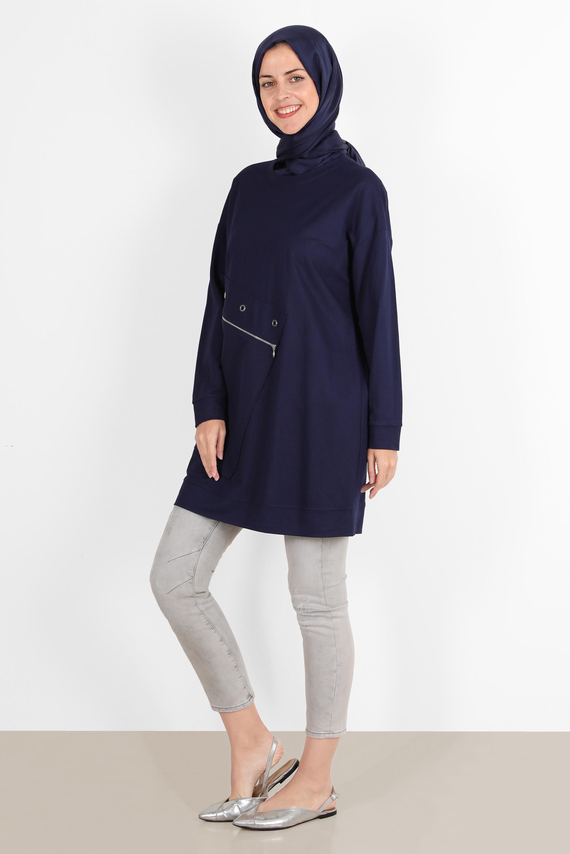 Tesettür giyim LACİVERT KUŞGÖZÜ DETAYLI FERMUARLI EŞOFMAN TUNİK 42898 