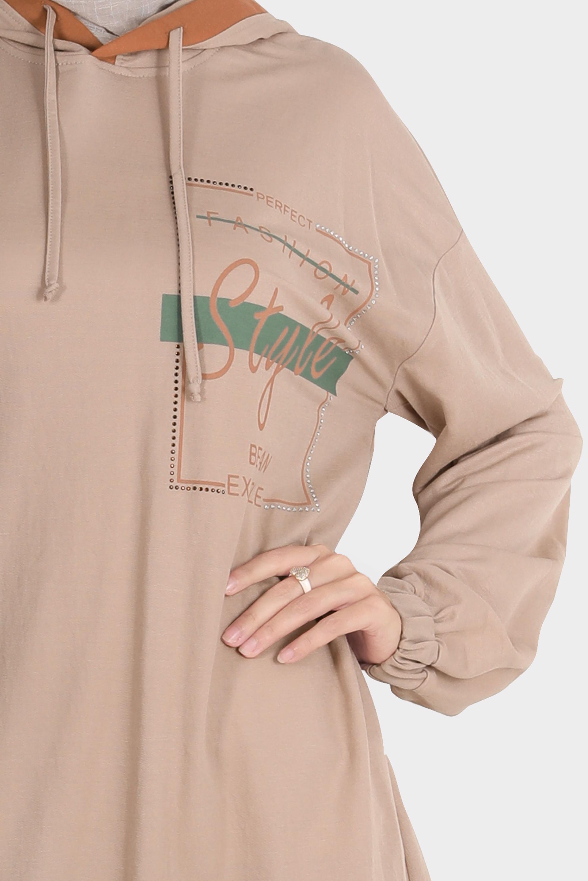 Tesettür giyim KUM KAPÜŞONLU BASKILI EŞOFMAN TUNİK 42900 