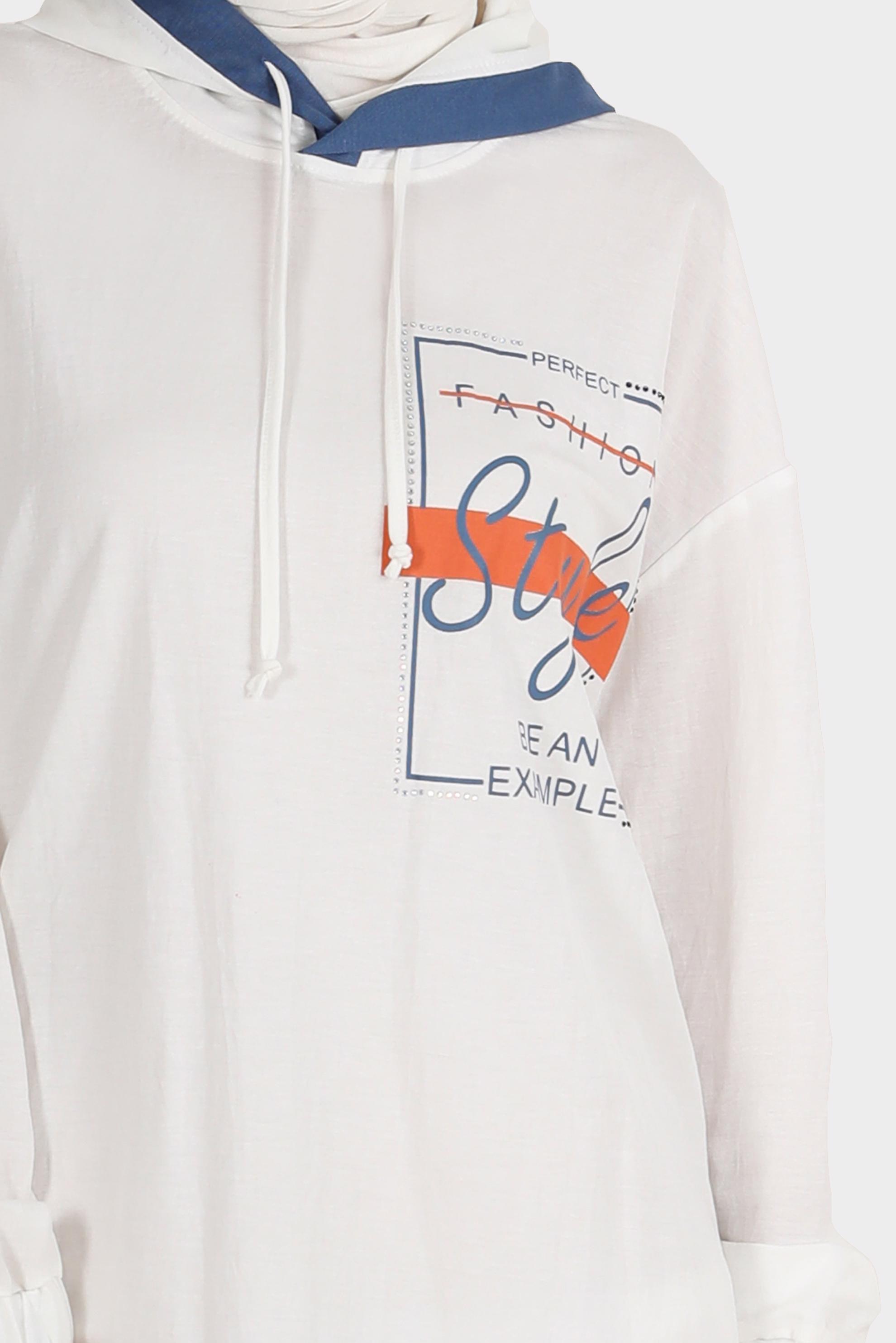 Tesettür giyim BEYAZ KAPÜŞONLU BASKILI EŞOFMAN TUNİK 42900 