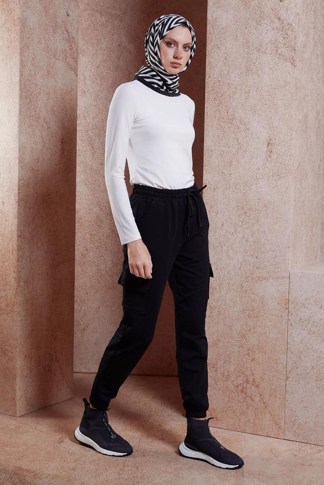 Hijab clothing BLACK POCKET DETAIL TRACKSUIT PANTS 70398  - ALVİNA