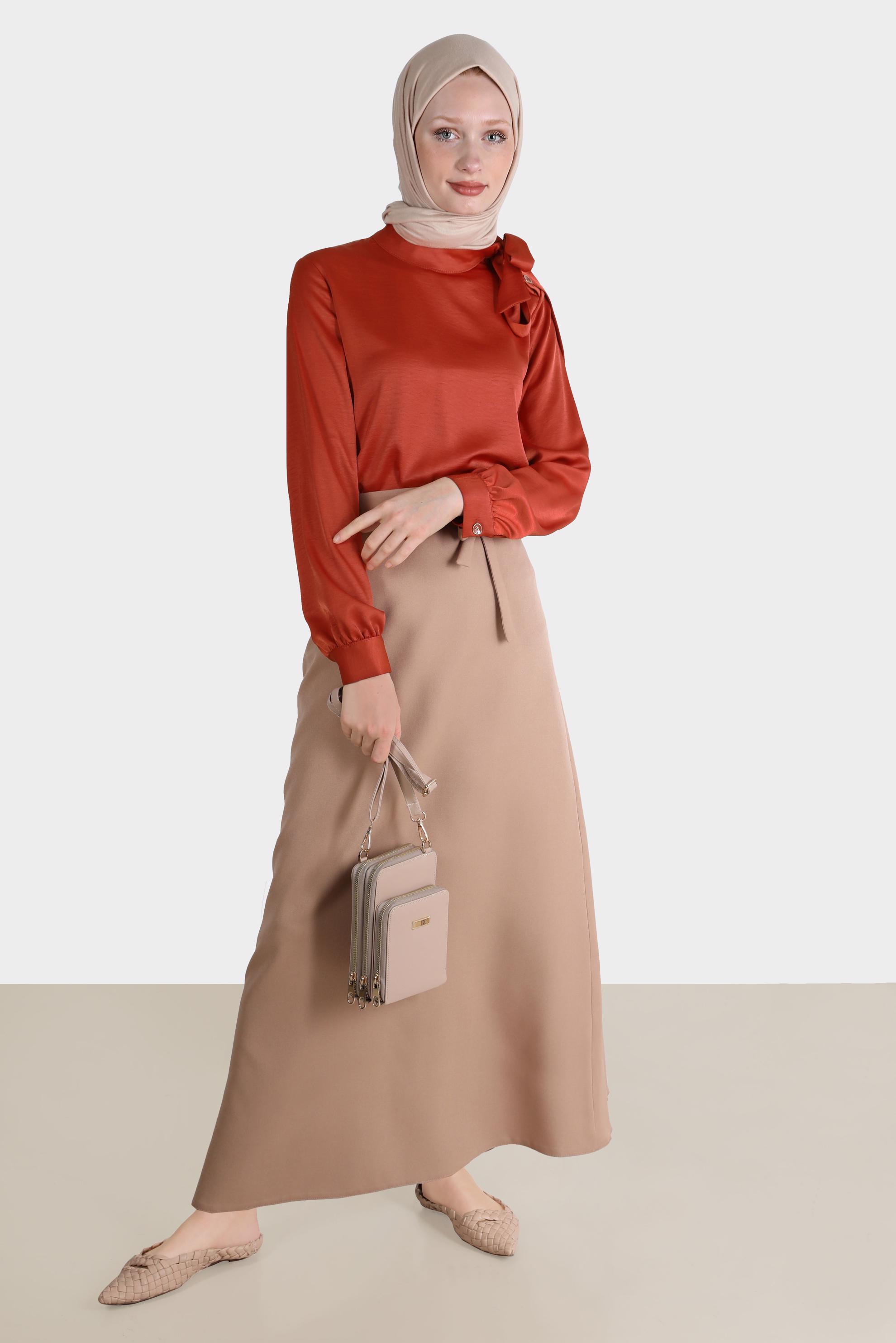 Tesettür giyim KAHVE BAĞLAMA DETAYLI ETEK 60250 