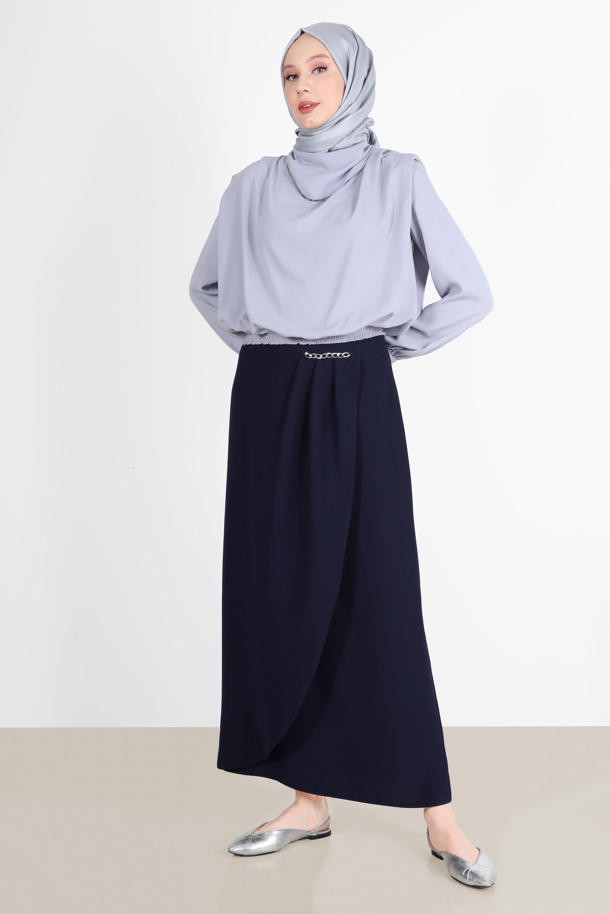 Tesettür giyim LACİVERT ZİNCİR DETAYLI ANVELOP ETEK 60253 