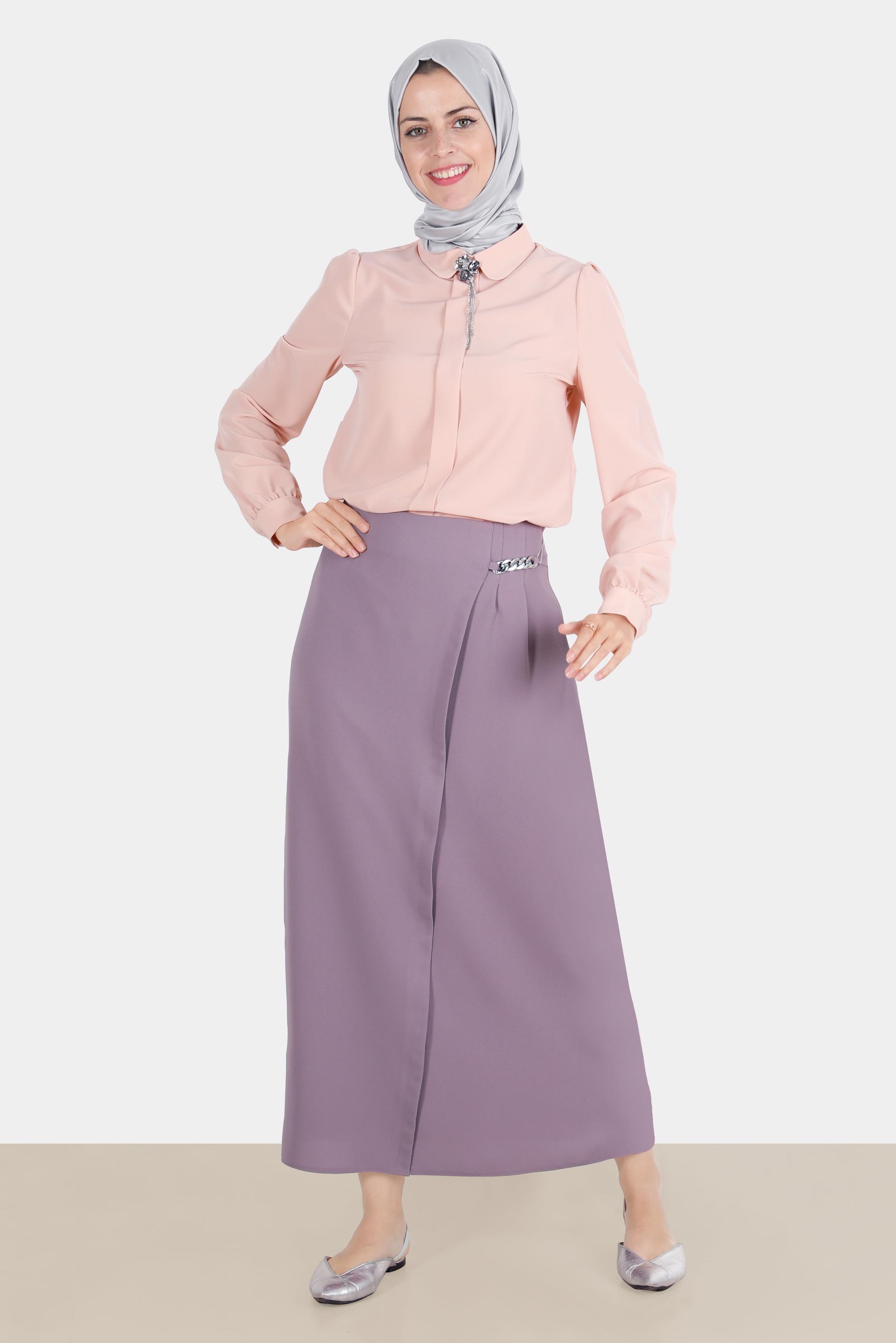 Tesettür giyim PEMBE ZİNCİR DETAYLI ETEK 60254 