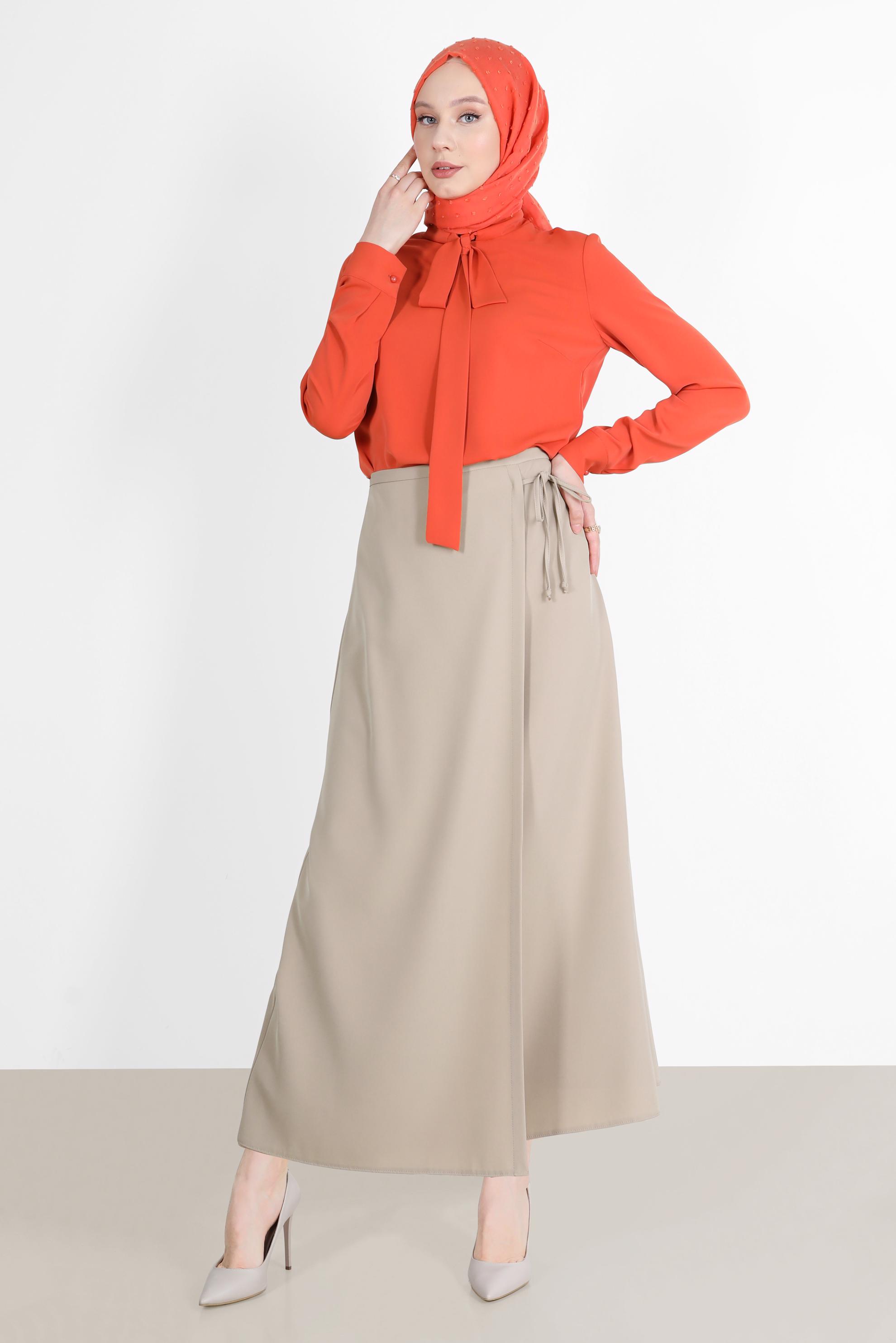 Tesettür giyim BEJ YANDAN BAĞLAMA DETAYLI ETEK 60255 