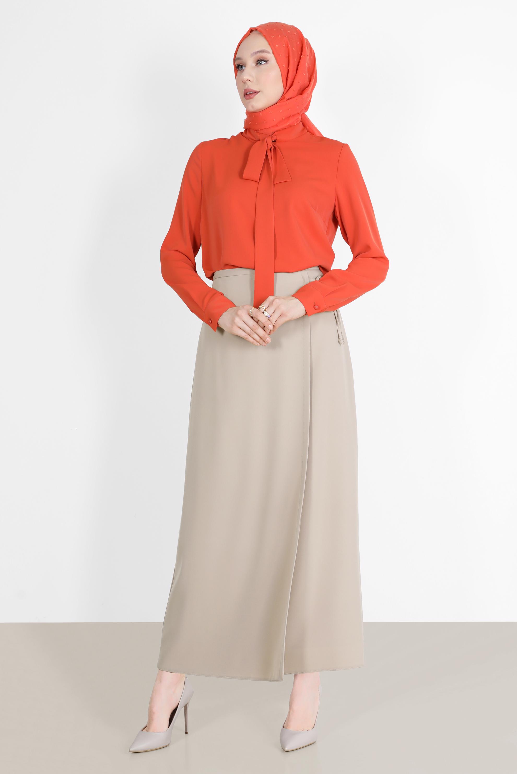 Tesettür giyim BEJ YANDAN BAĞLAMA DETAYLI ETEK 60255 