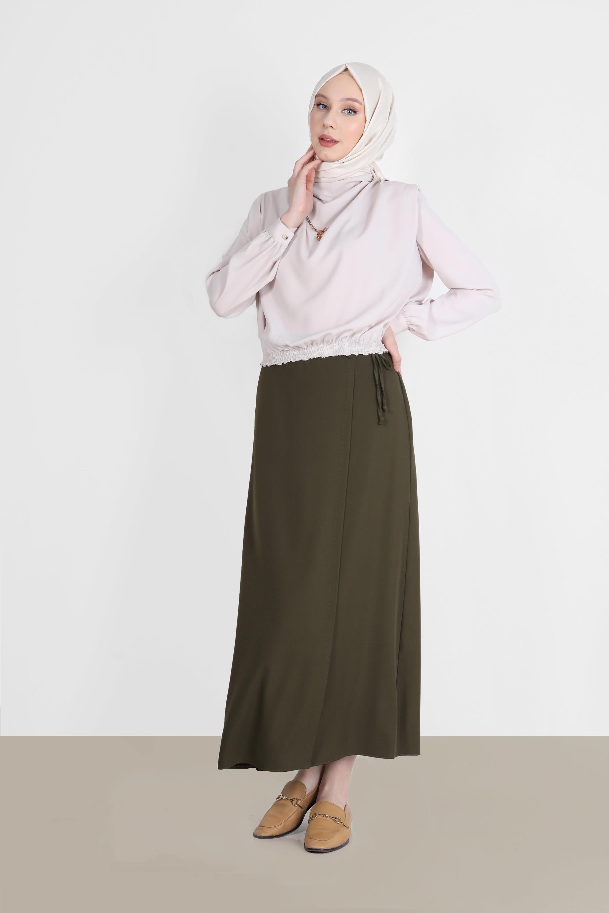 Tesettür giyim HAKİ YANDAN BAĞLAMA DETAYLI ETEK 60255 