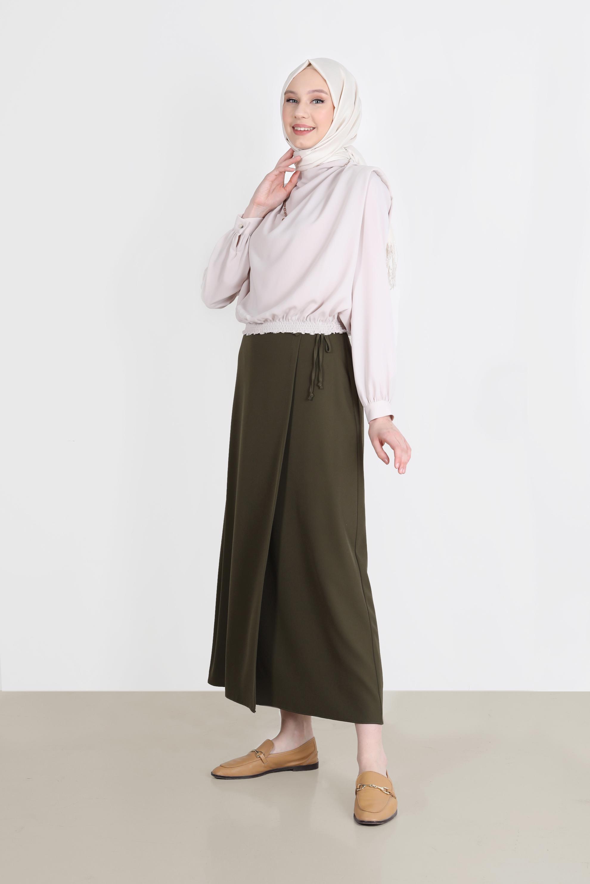 Tesettür giyim HAKİ YANDAN BAĞLAMA DETAYLI ETEK 60255 