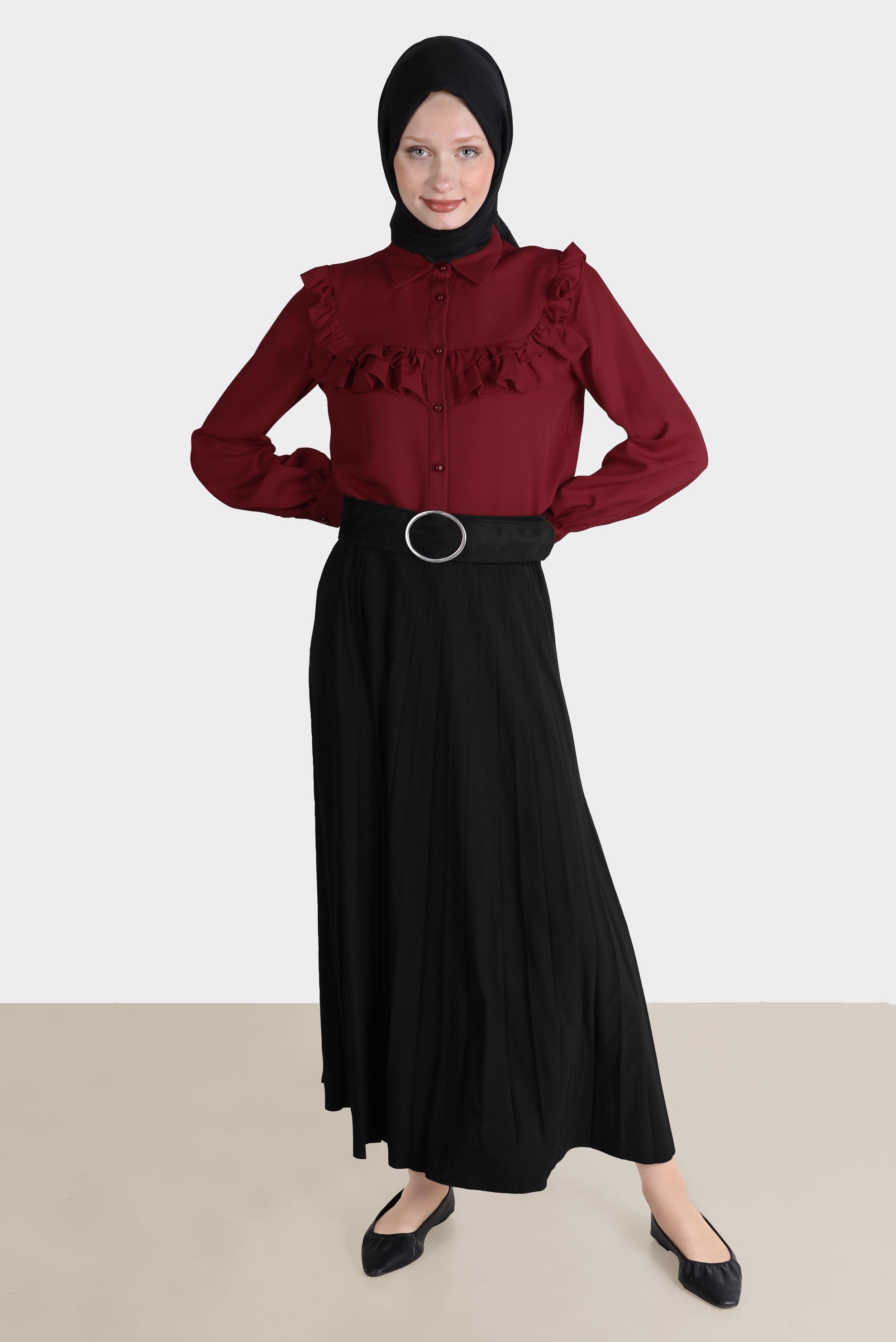 Tesettür giyim SİYAH BELİ LASTİKLİ PİLİSELİ ETEK 60256 