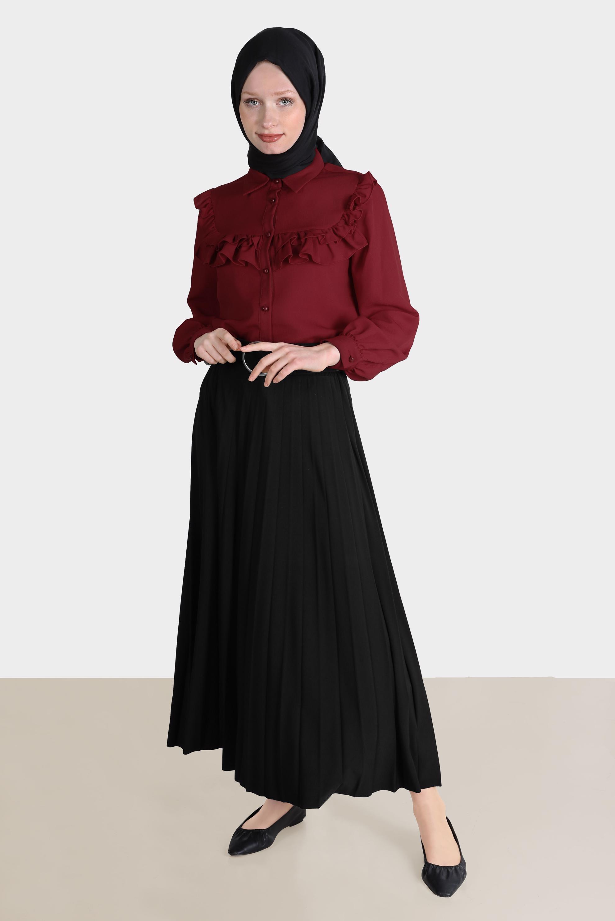 Tesettür giyim SİYAH BELİ LASTİKLİ PİLİSELİ ETEK 60256 