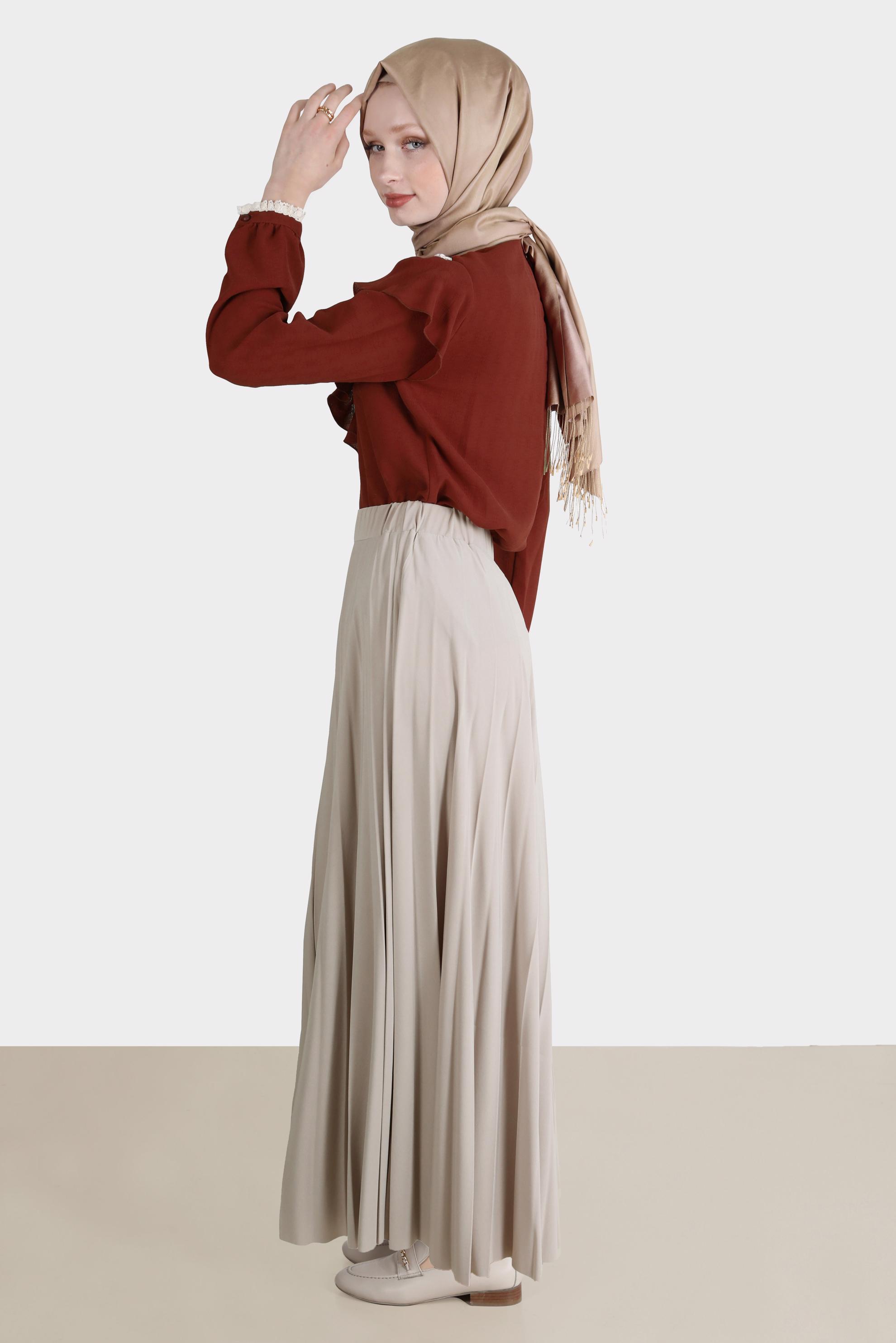 Tesettür giyim BEJ BELİ LASTİKLİ PİLİSELİ ETEK 60256 