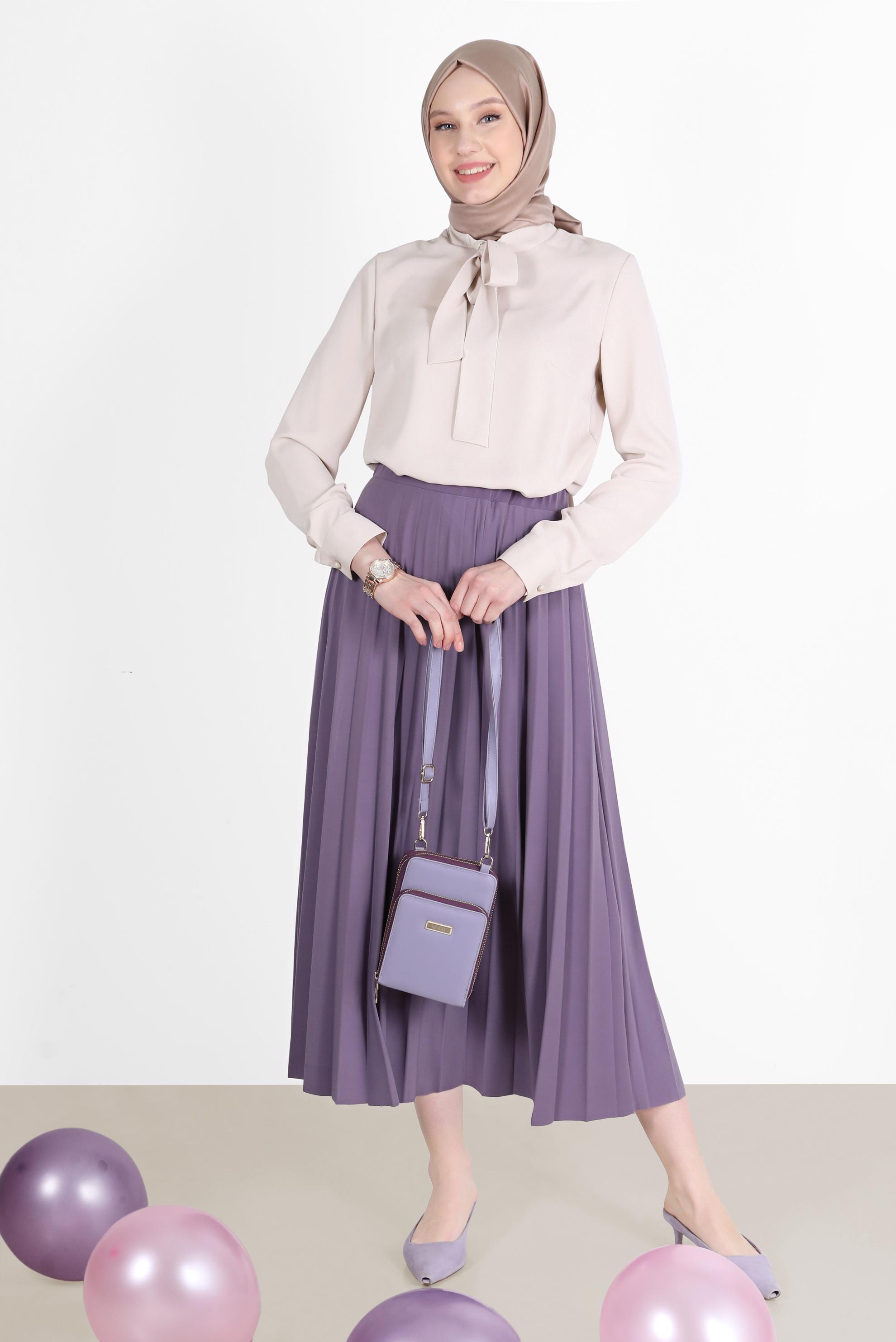 Tesettür giyim MOR BELİ LASTİKLİ PİLİSELİ ETEK 60256 