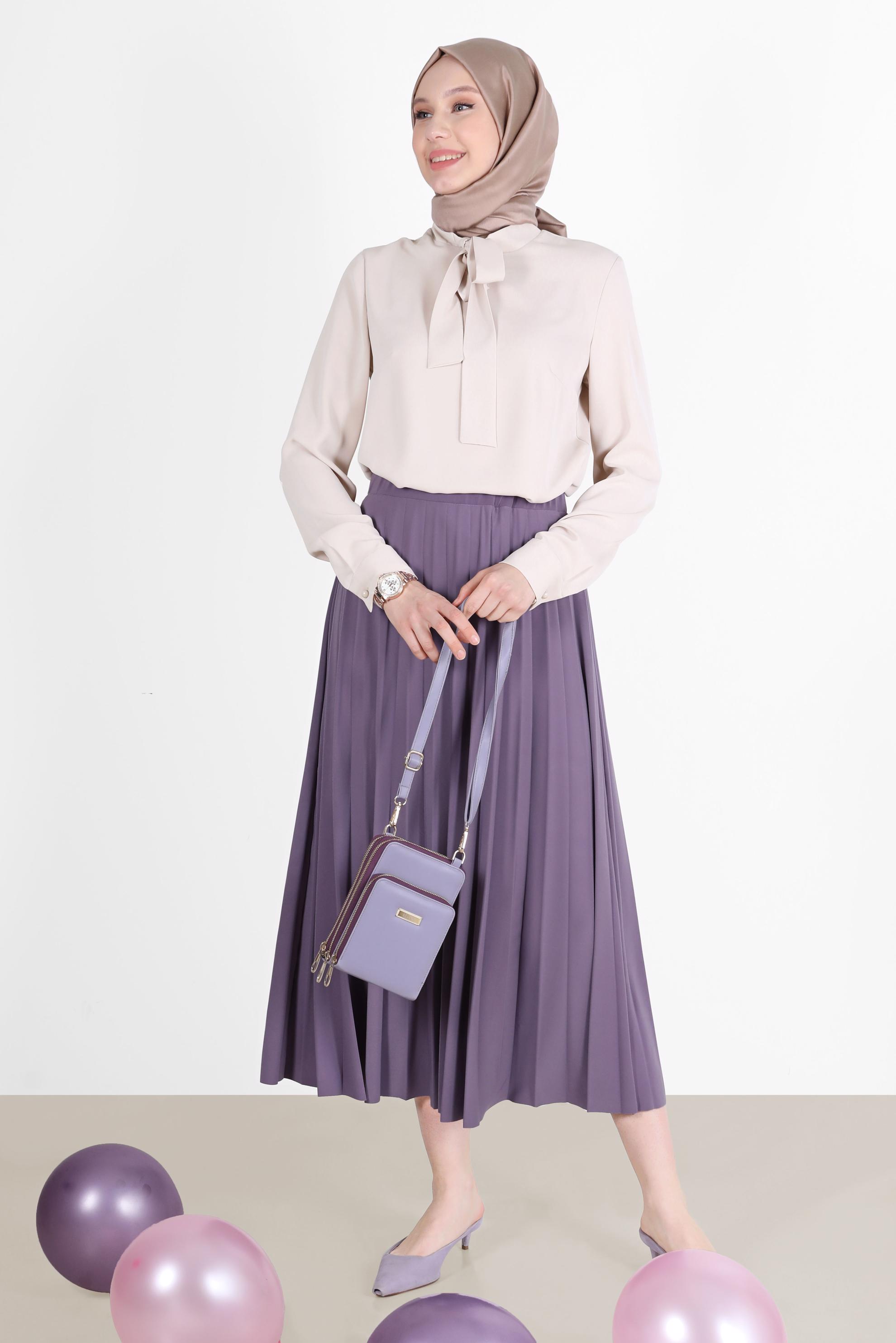 Tesettür giyim MOR BELİ LASTİKLİ PİLİSELİ ETEK 60256 