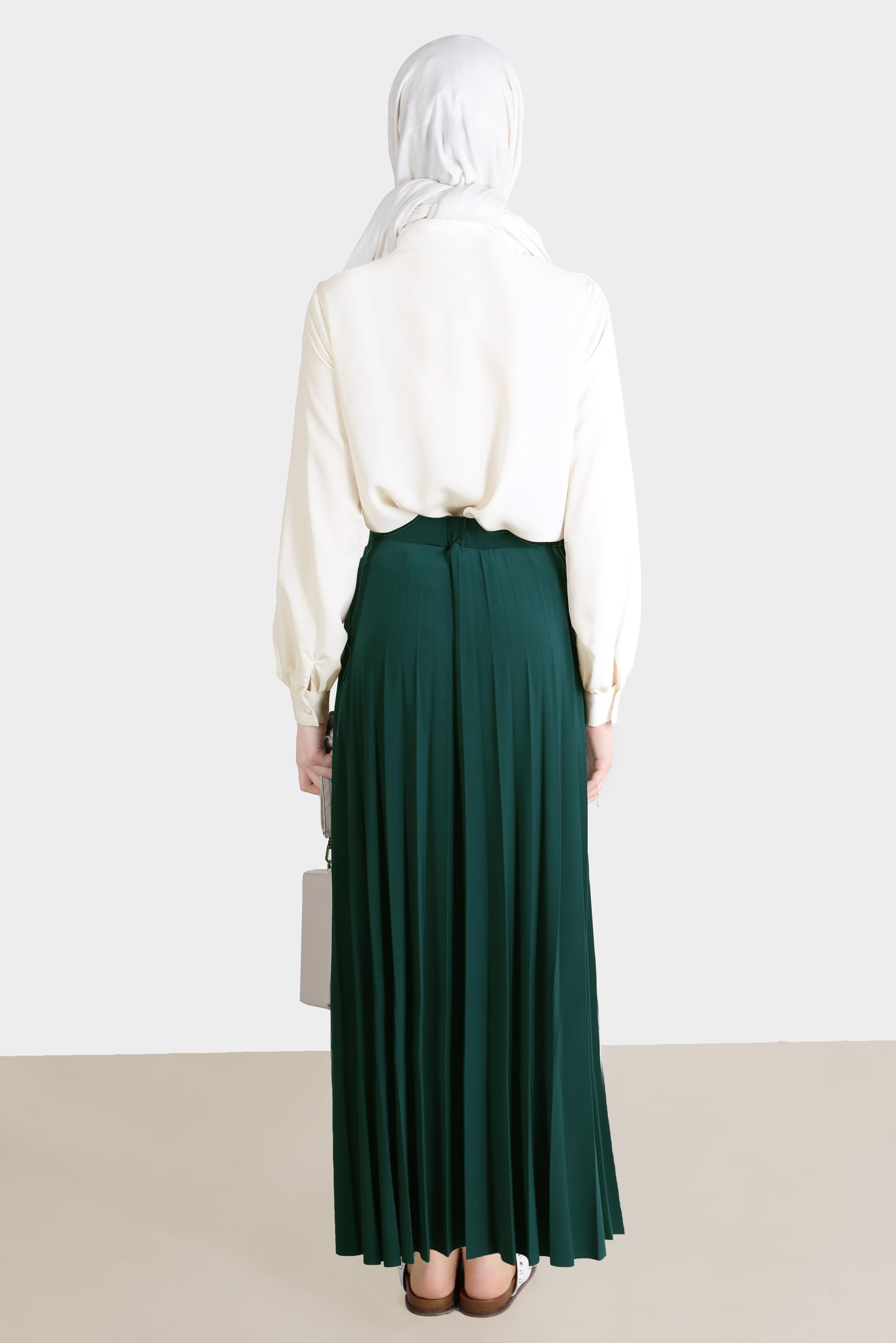 Tesettür giyim YEŞİL BELİ LASTİKLİ PİLİSELİ ETEK 60256 