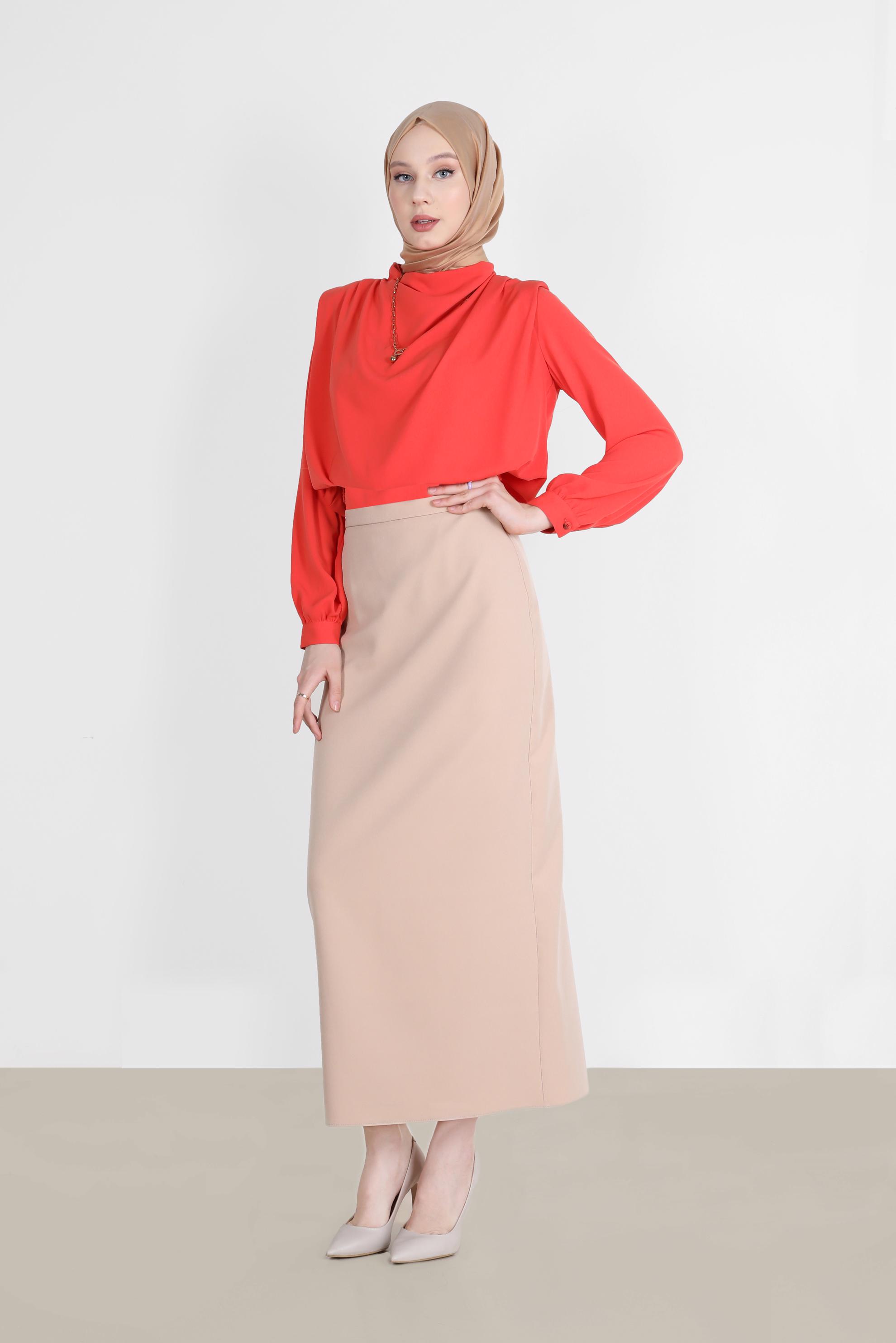 Tesettür giyim BEJ GİZLİ YIRTMAÇLI FERMUARLI ETEK 60257 