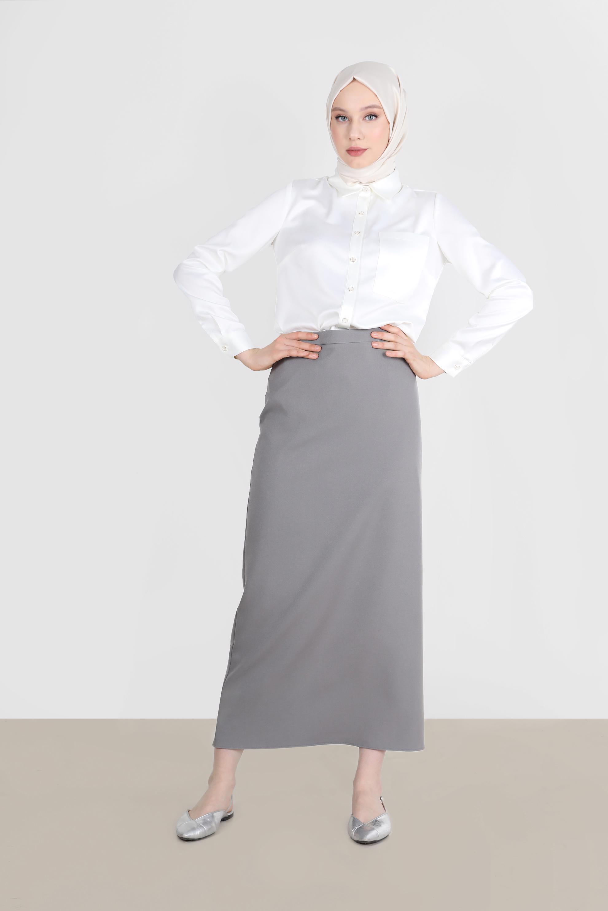 Tesettür giyim GRİ GİZLİ YIRTMAÇLI FERMUARLI ETEK 60257 