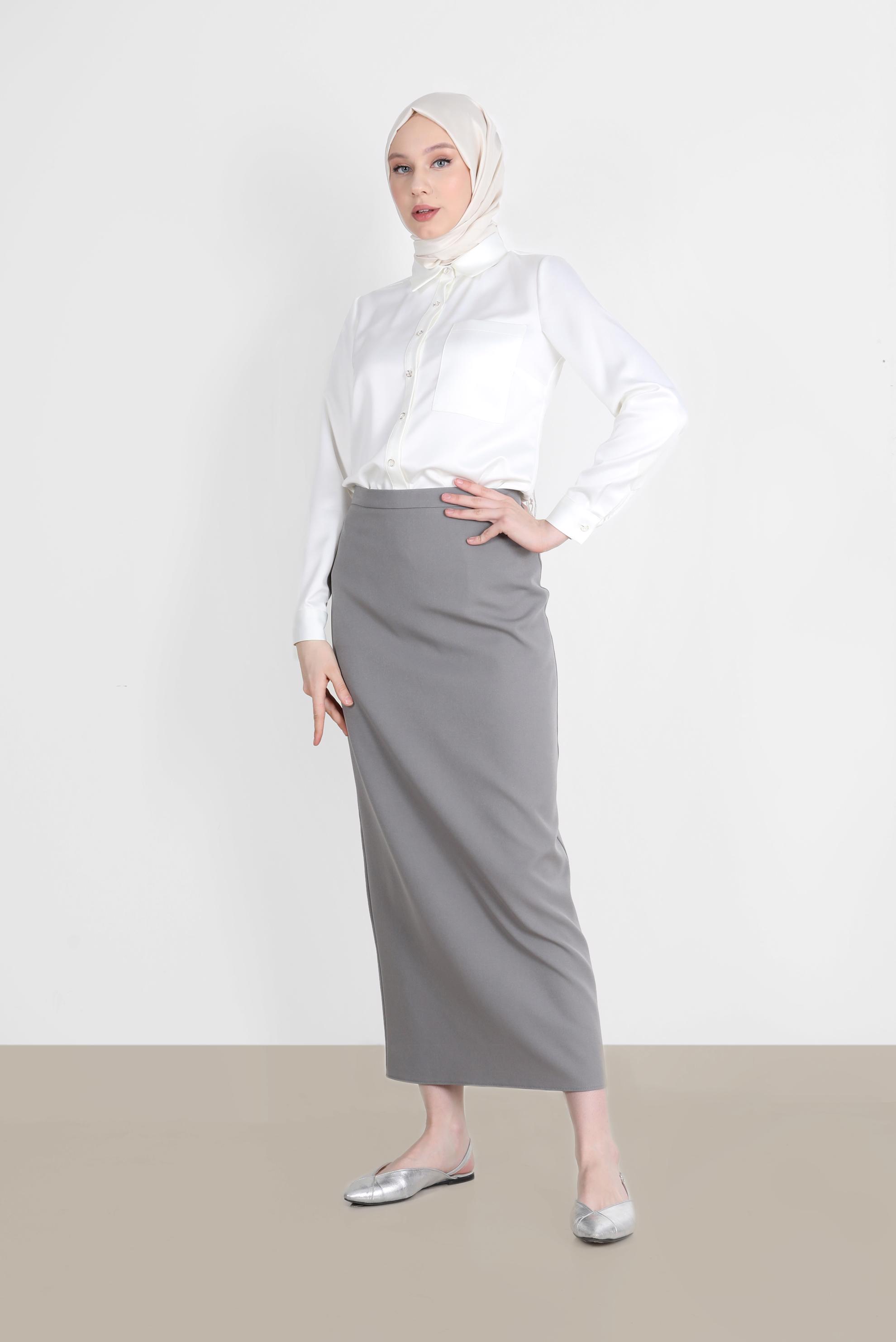 Tesettür giyim GRİ GİZLİ YIRTMAÇLI FERMUARLI ETEK 60257 