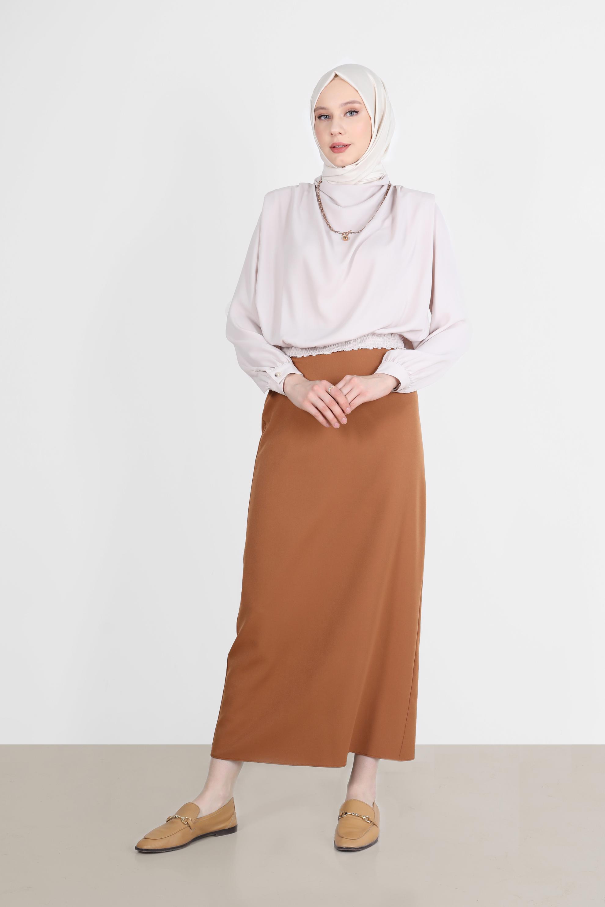 Tesettür giyim KAHVE GİZLİ YIRTMAÇLI FERMUARLI ETEK 60257 